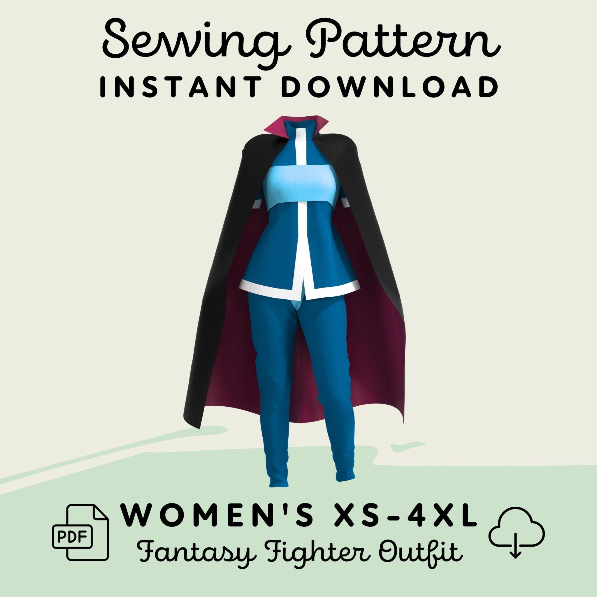 Illustration of a female character in a fantasy fighter outfit with a cape, leggings, and bandeau, indicating the items that can be sewn using the provided sewing pattern.