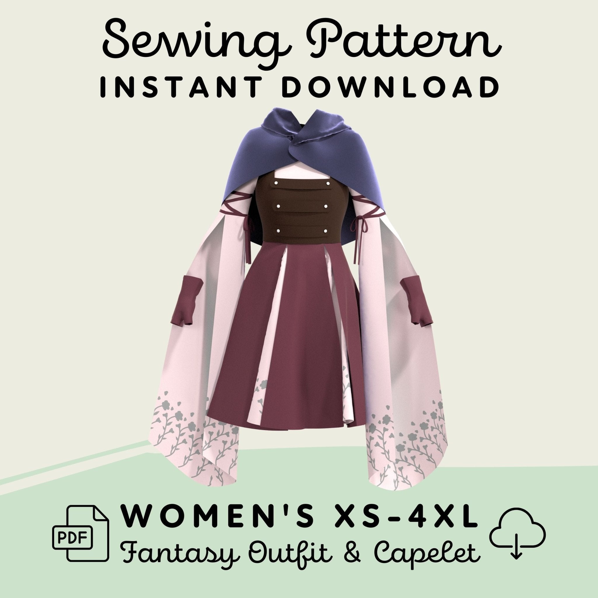 An illustrated guide showing a sewing pattern for a fantasy outfit and capelet, with a hooded capelet, dress, skirt, and fingerless gloves.