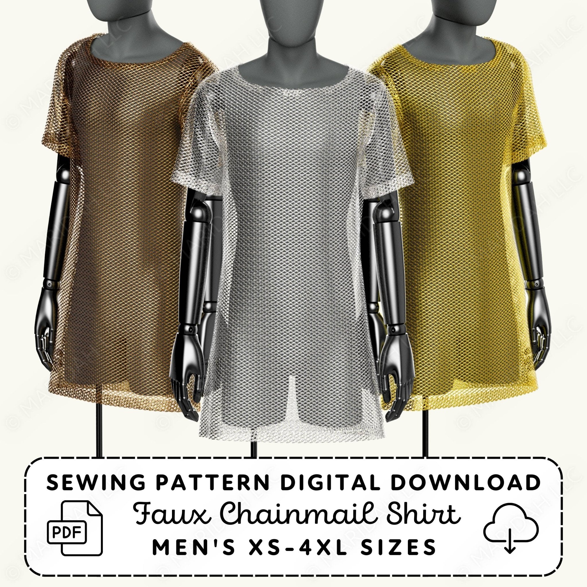 Three mannequins wearing chainmail shirts in brown, gray, and yellow with a sewing pattern digital download text.