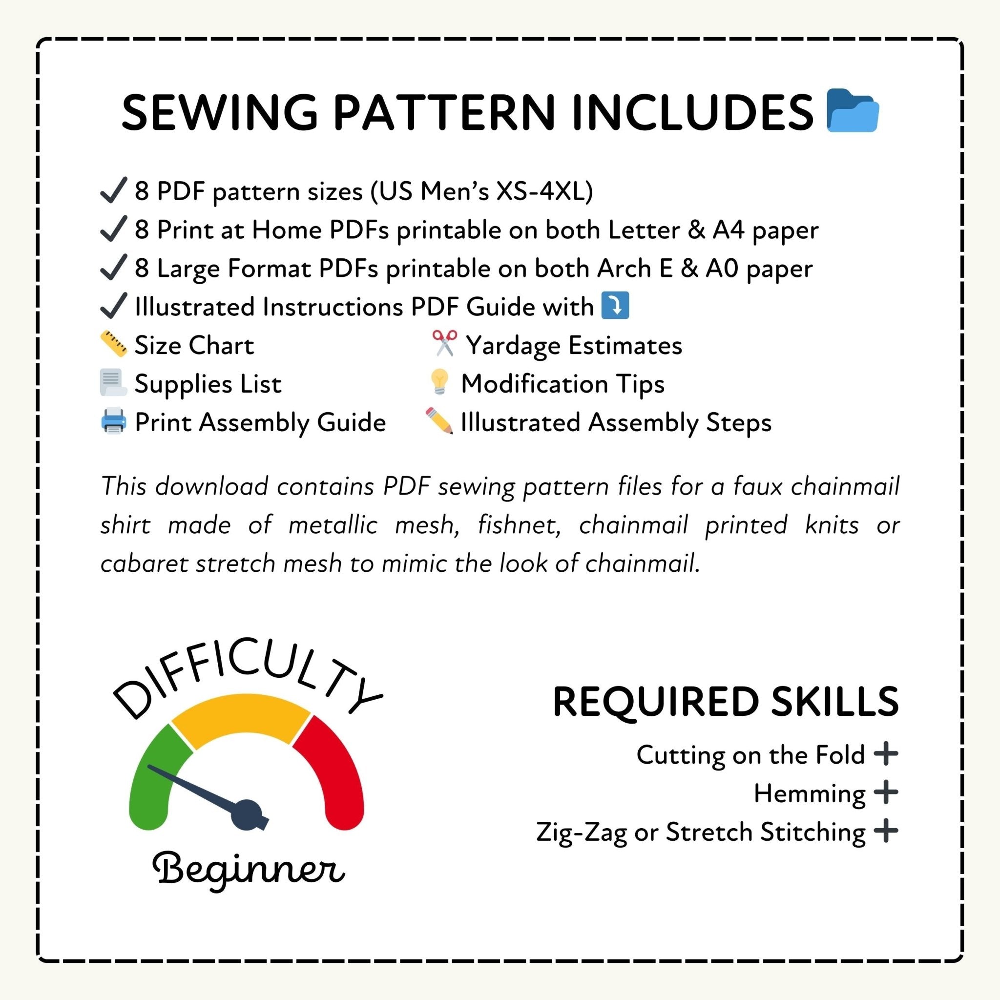 Sewing pattern information with PDF sizes, formats, and required skills listed.