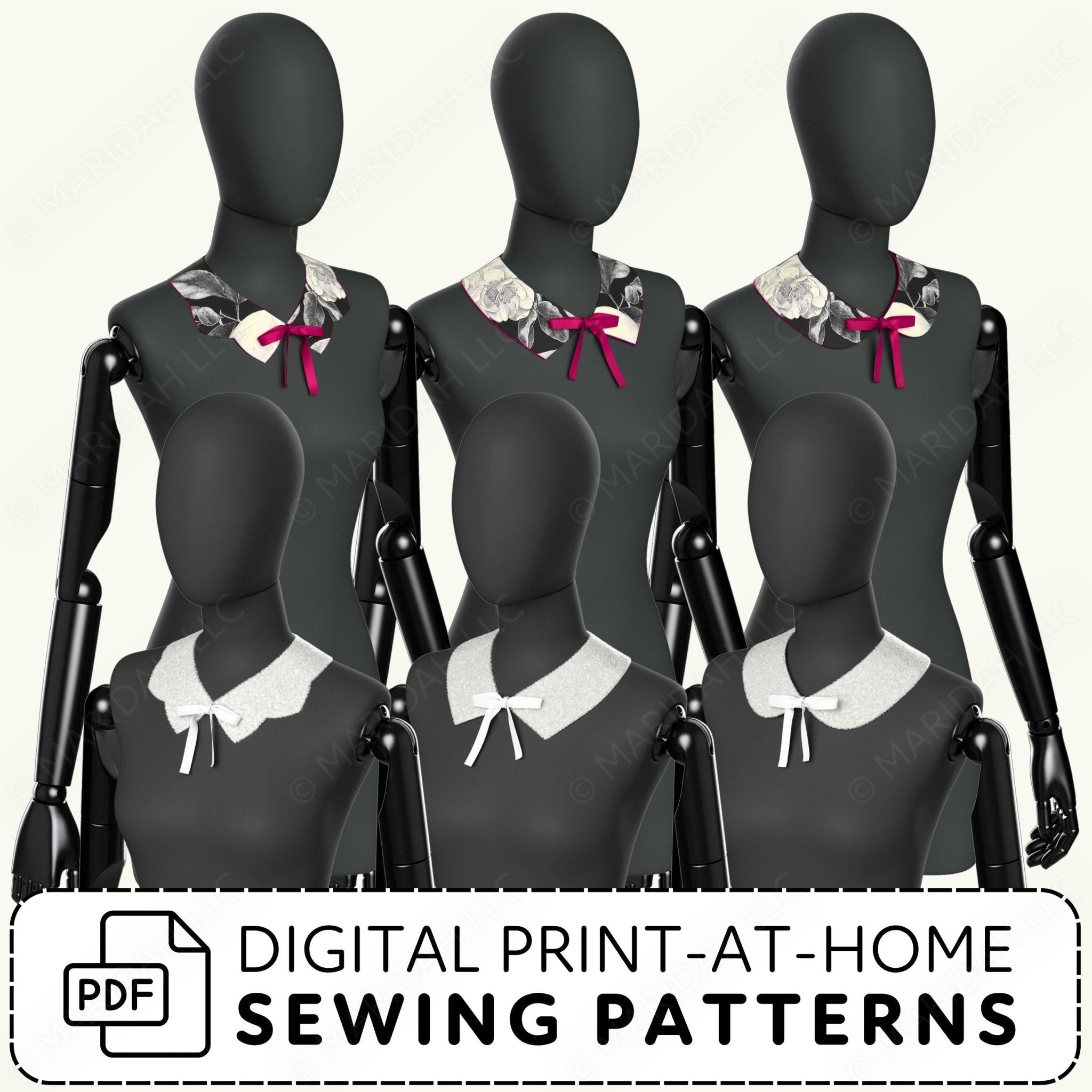 Black mannequins with various detached collars and a digital print-at-home sewing patterns label.