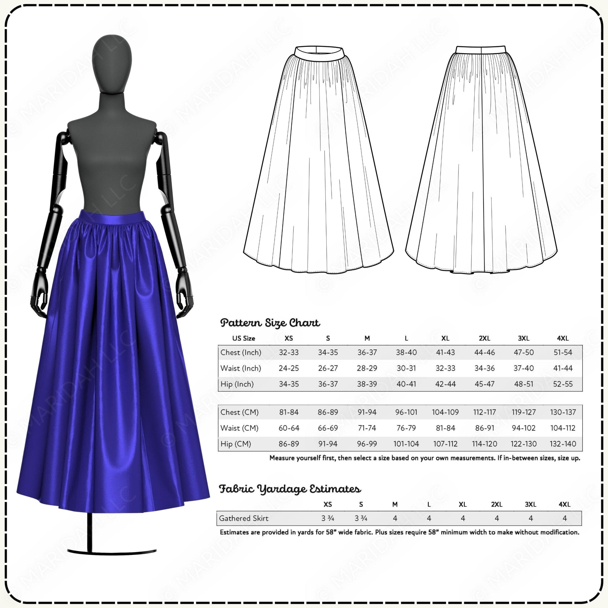 Fashion pattern with a mannequin wearing a blue skirt and fabric yardage estimators.