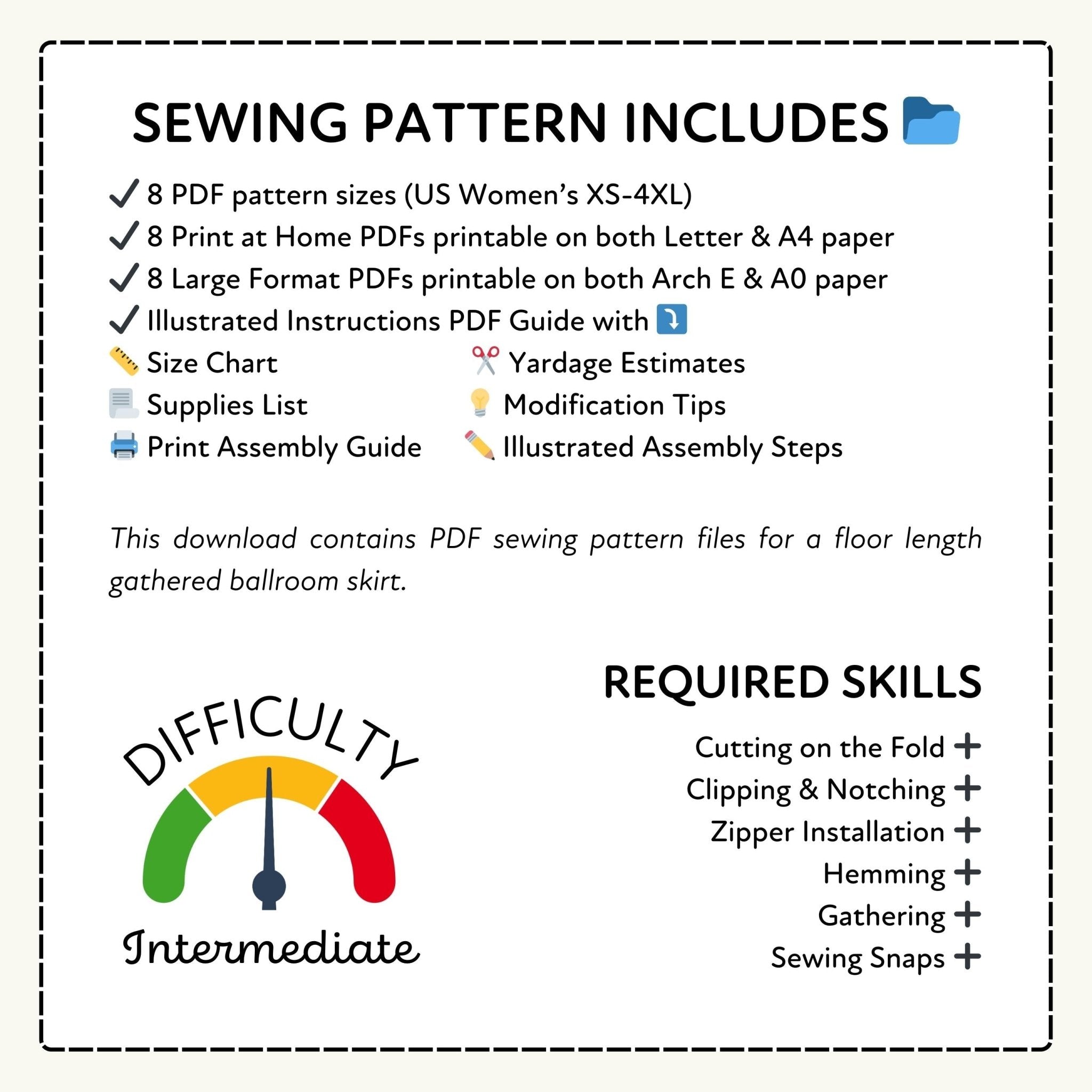 Sewing pattern information with PDF sizes, included items, difficulty level, and required skills.