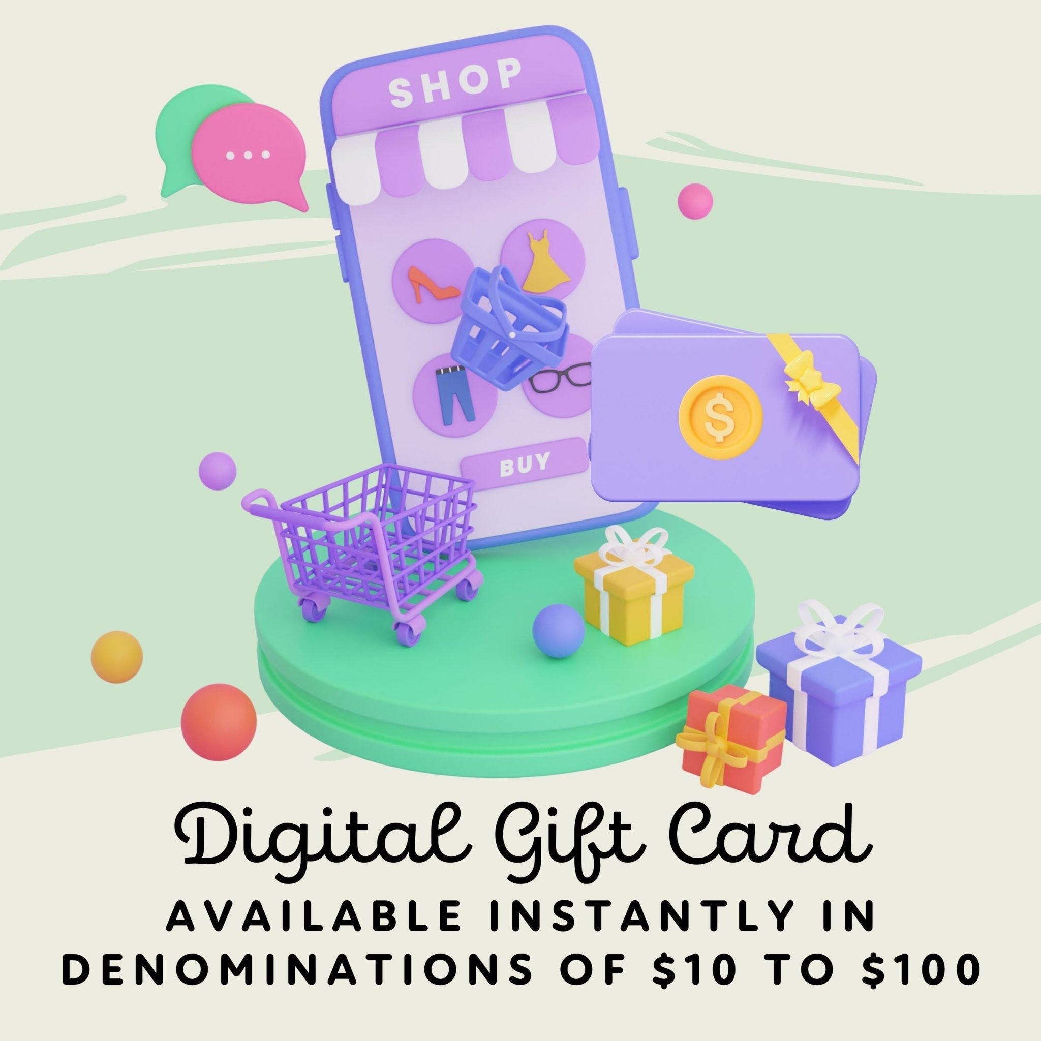Promotional image features a digital gift card with clothes, accessories, and a virtual shopping cart on a mobile phone.