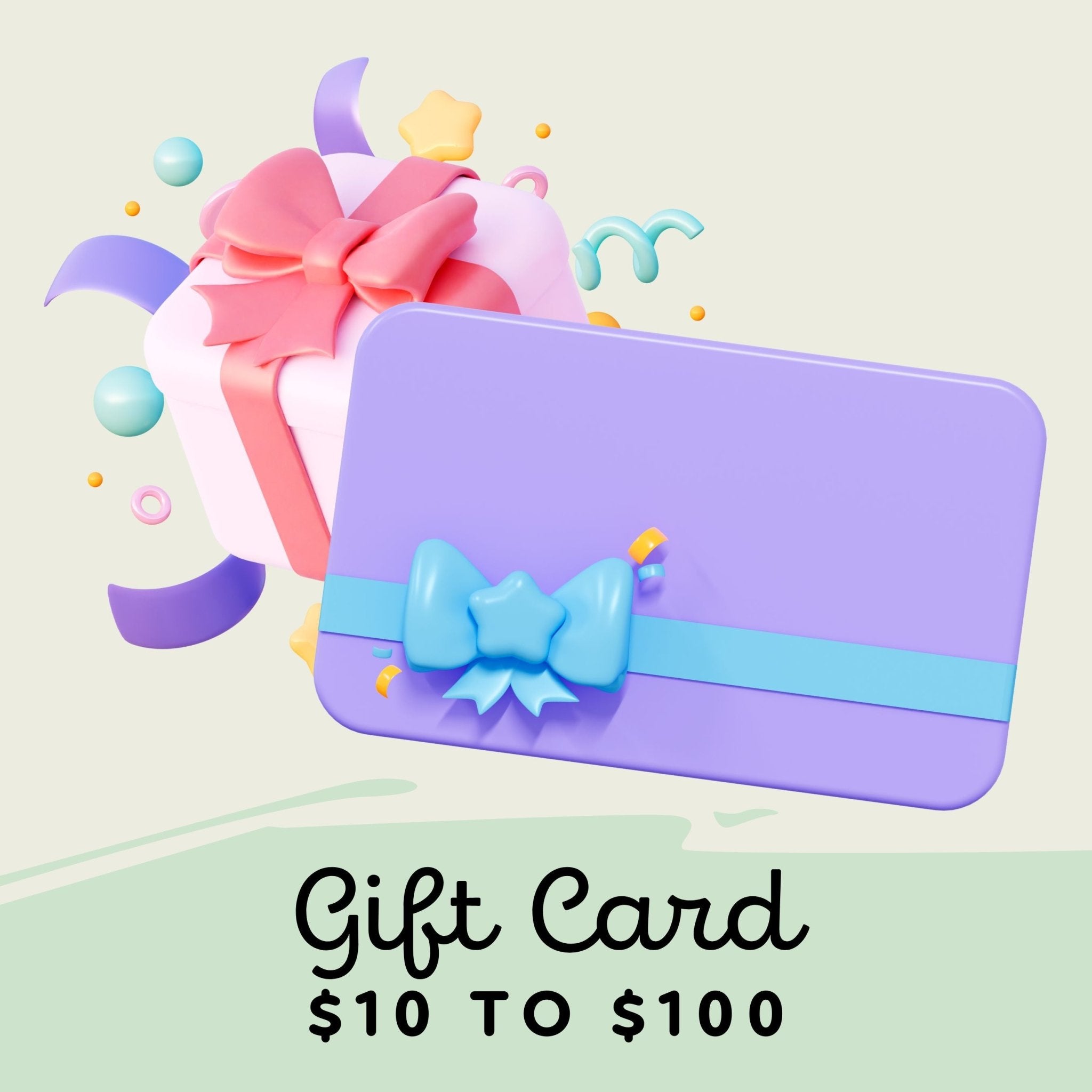 Promotional image features a digital gift card labeled with $10 to $100