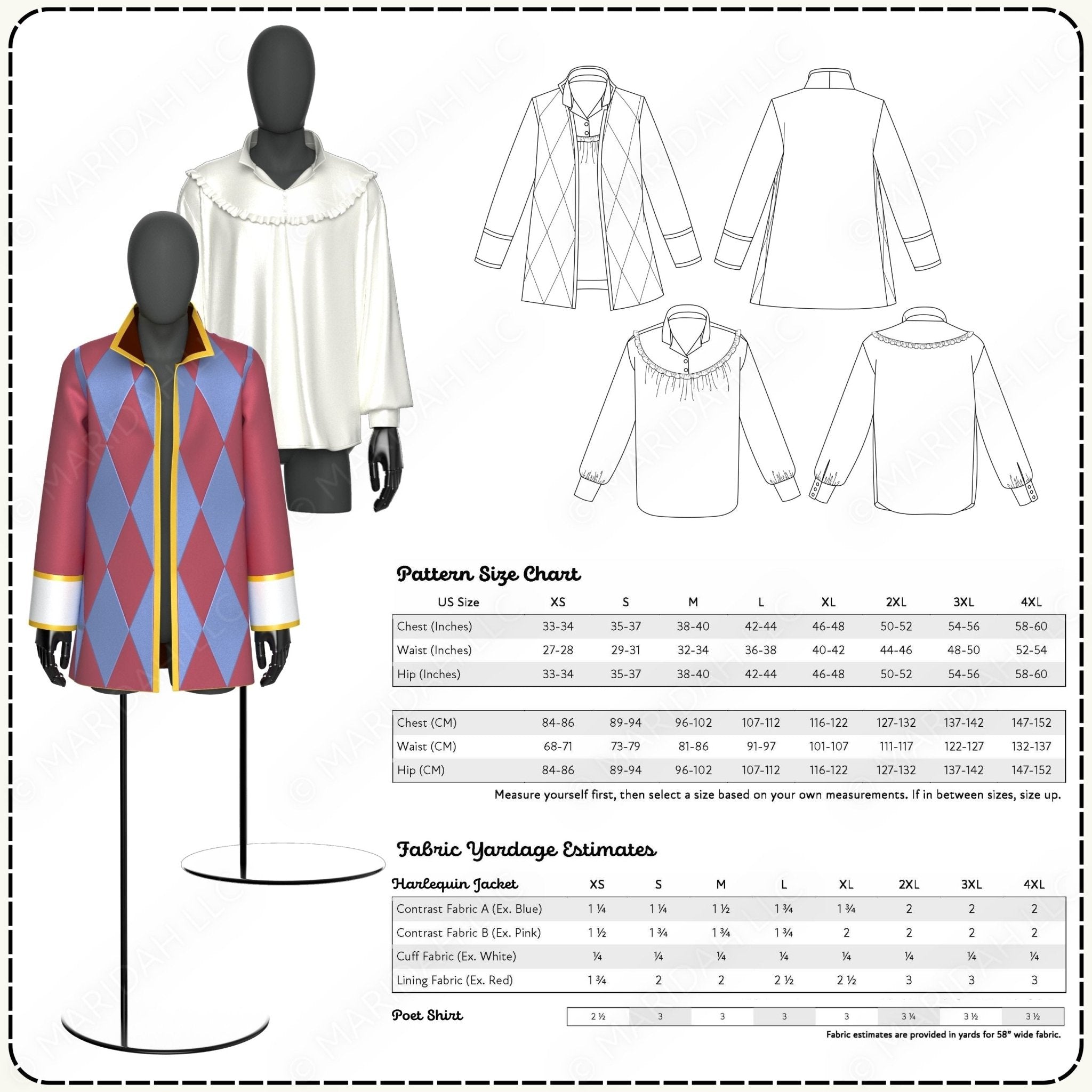 Pattern for a jacket with mannequin display and size chart on a white background