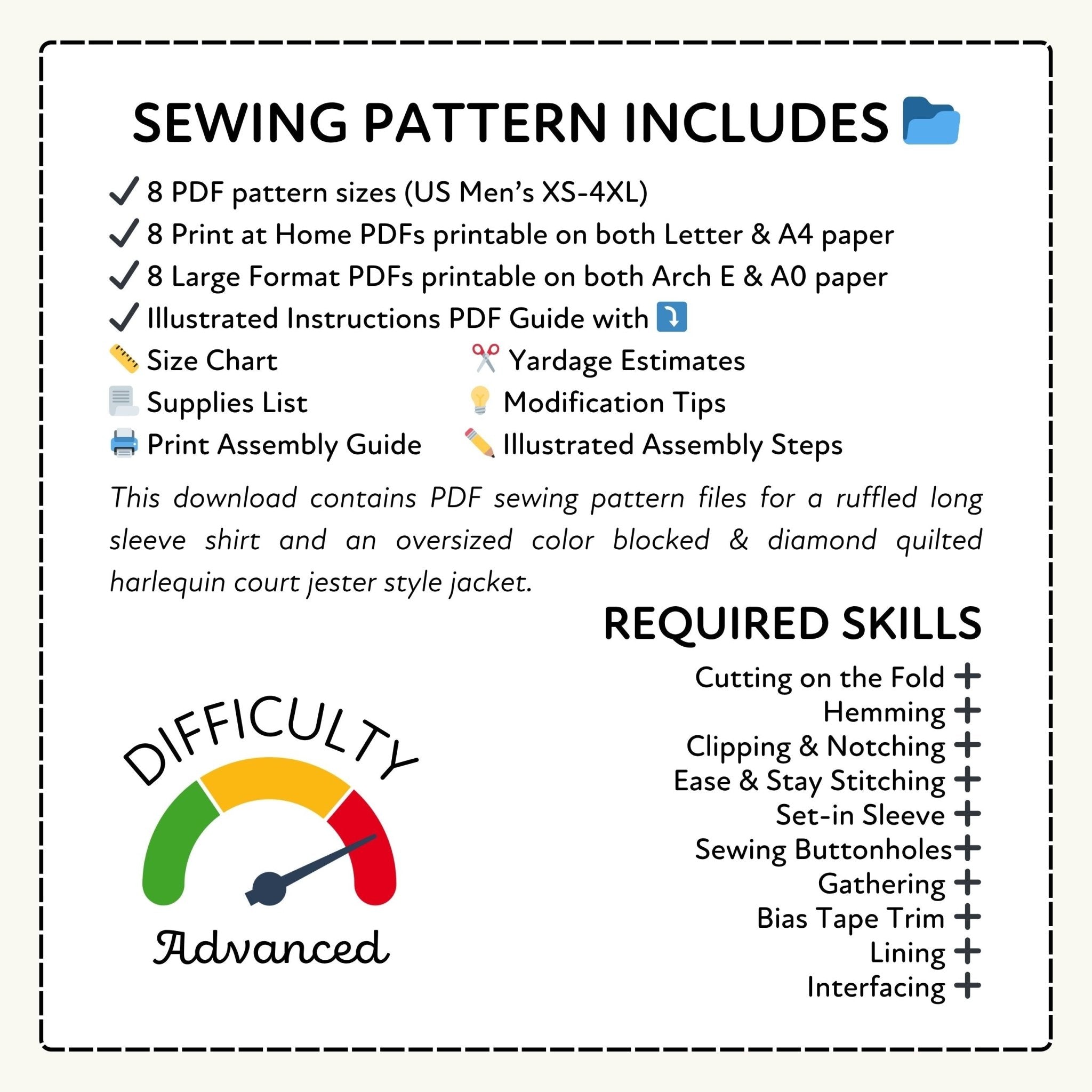 Sewing pattern information with required skills and difficulty level on a white background