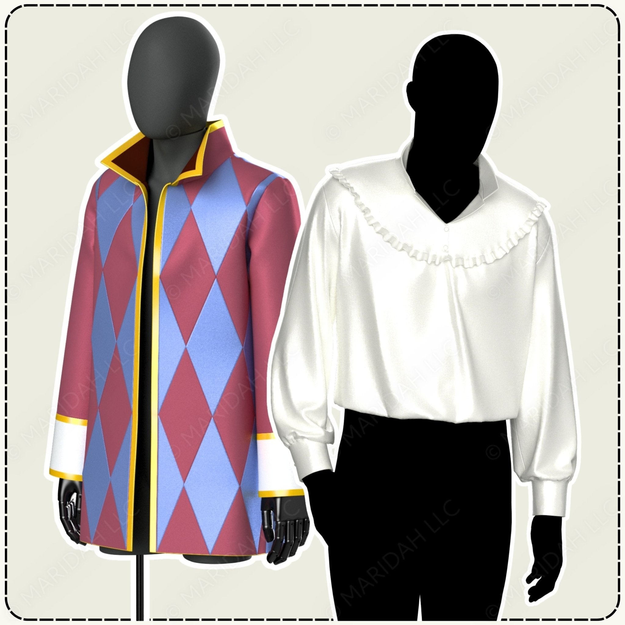 Harlequin-patterned jacket and white blouse on mannequins against a neutral background