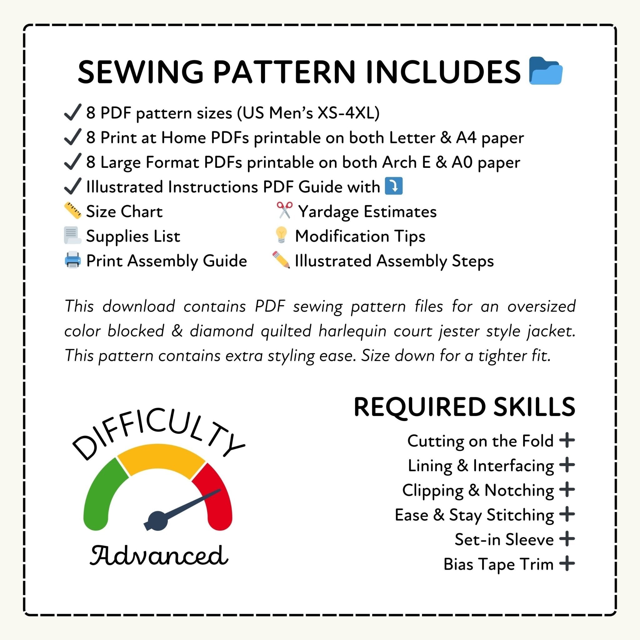 Sewing pattern information with PDF sizes, print formats, and required skills listed.