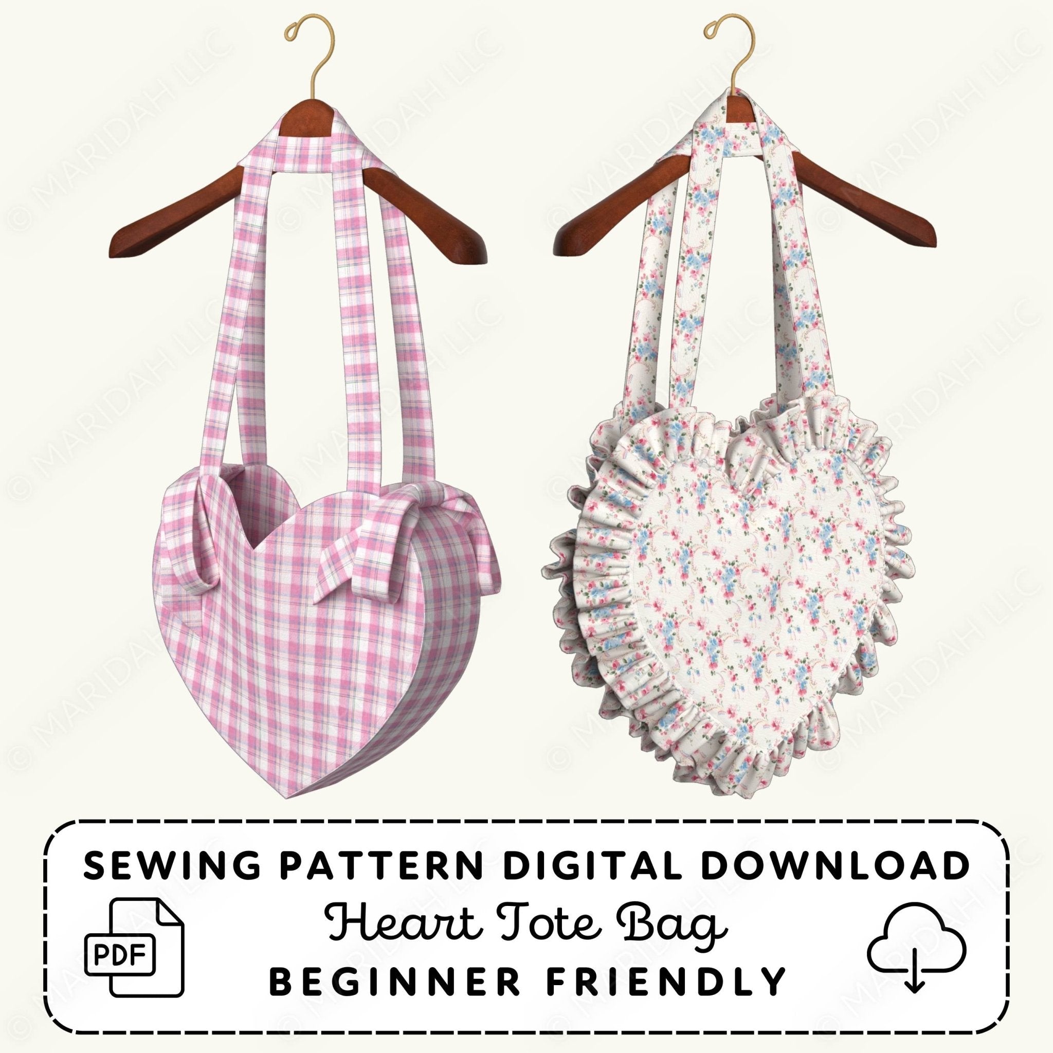 Two heart-shaped tote bags on hangers with sewing pattern digital download text.