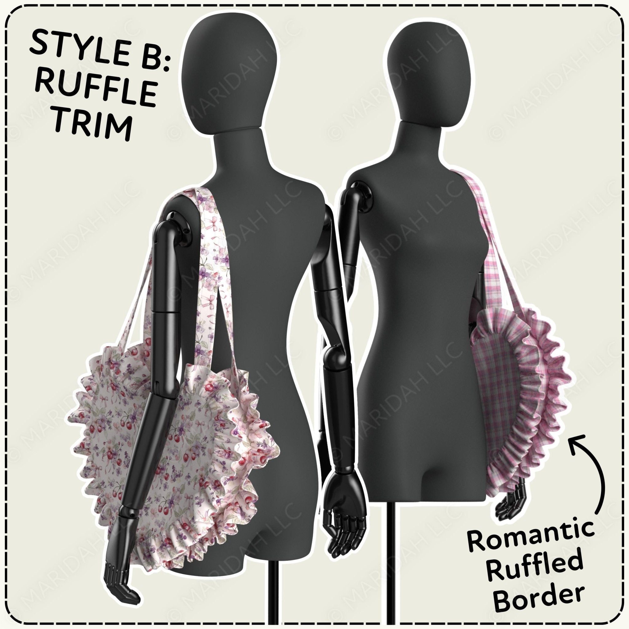 Two mannequins with bags featuring ruffle trim on a beige background.