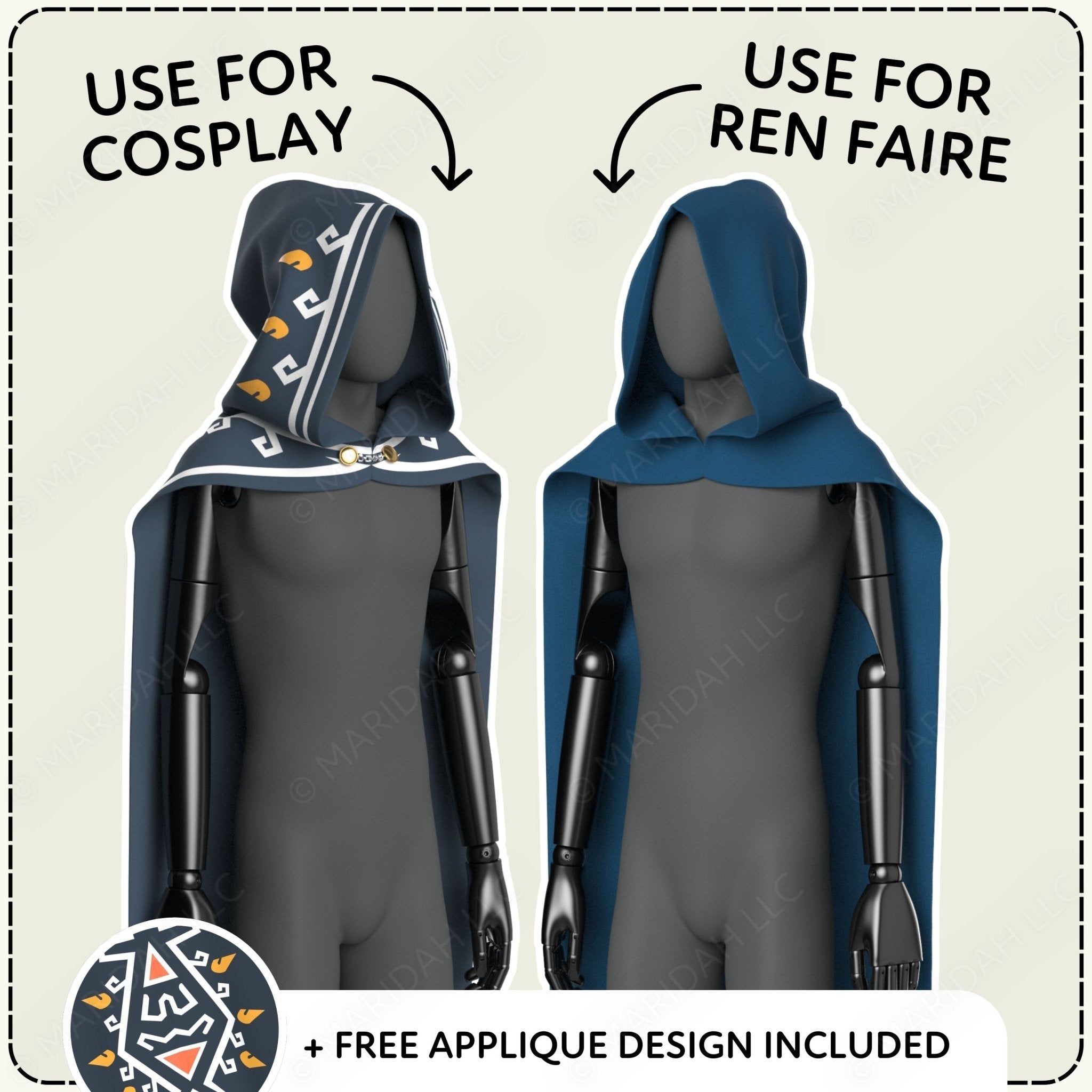 Two mannequins wearing blue capes with text indicating use for cosplay and Ren Faire, and a free applique design included.