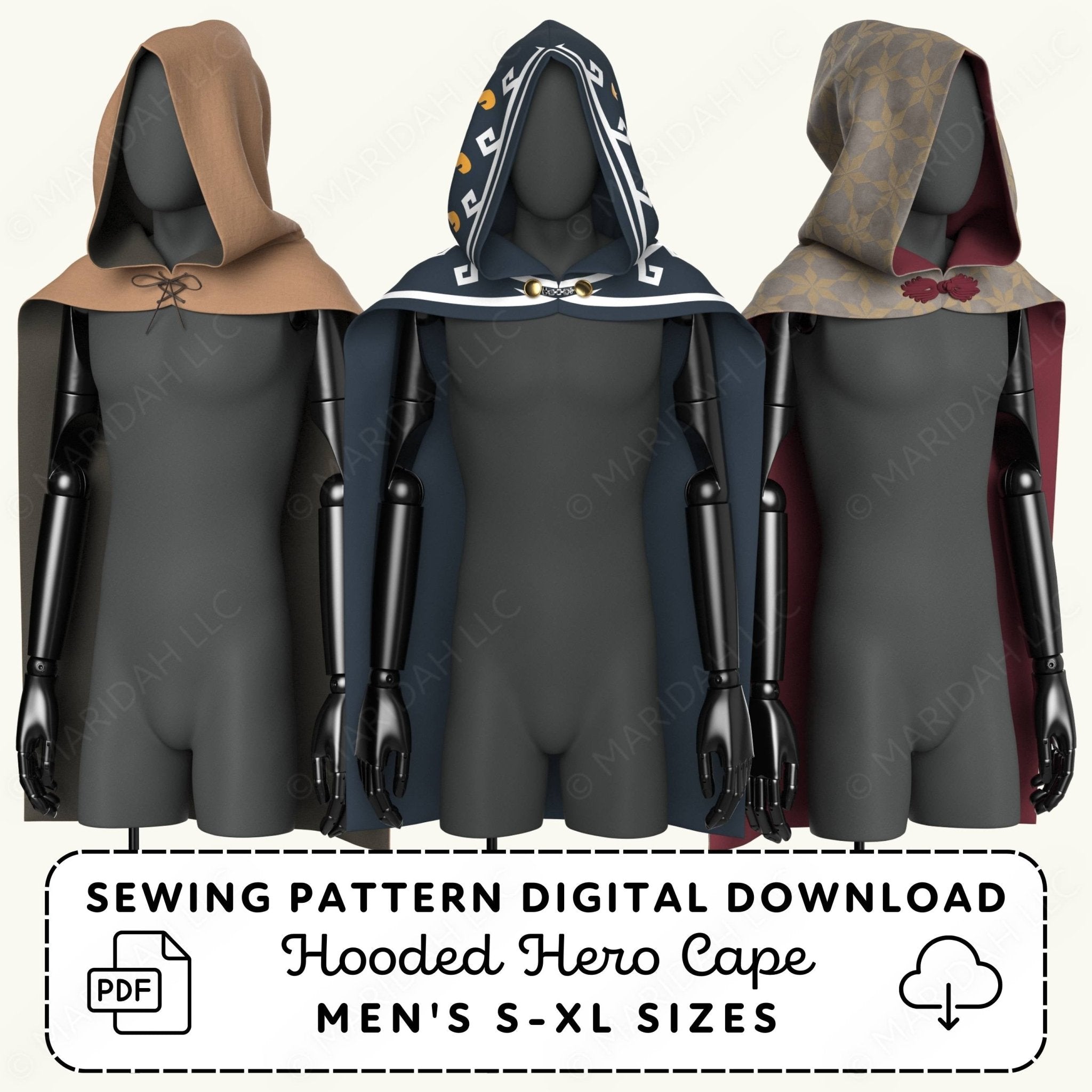 Three hooded hero capes on mannequins with sewing pattern digital download text.