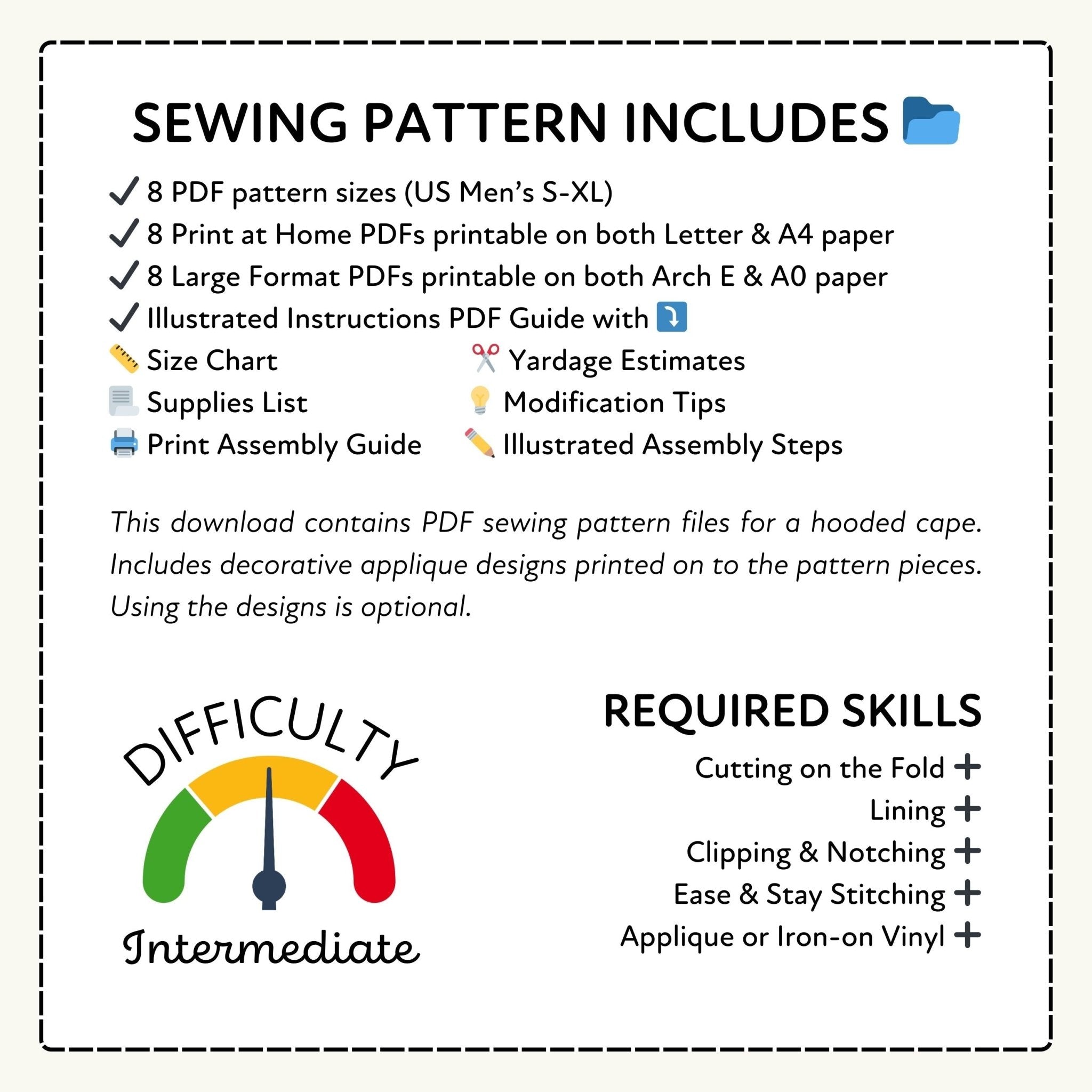Sewing pattern information with difficulty rating and required skills listed.