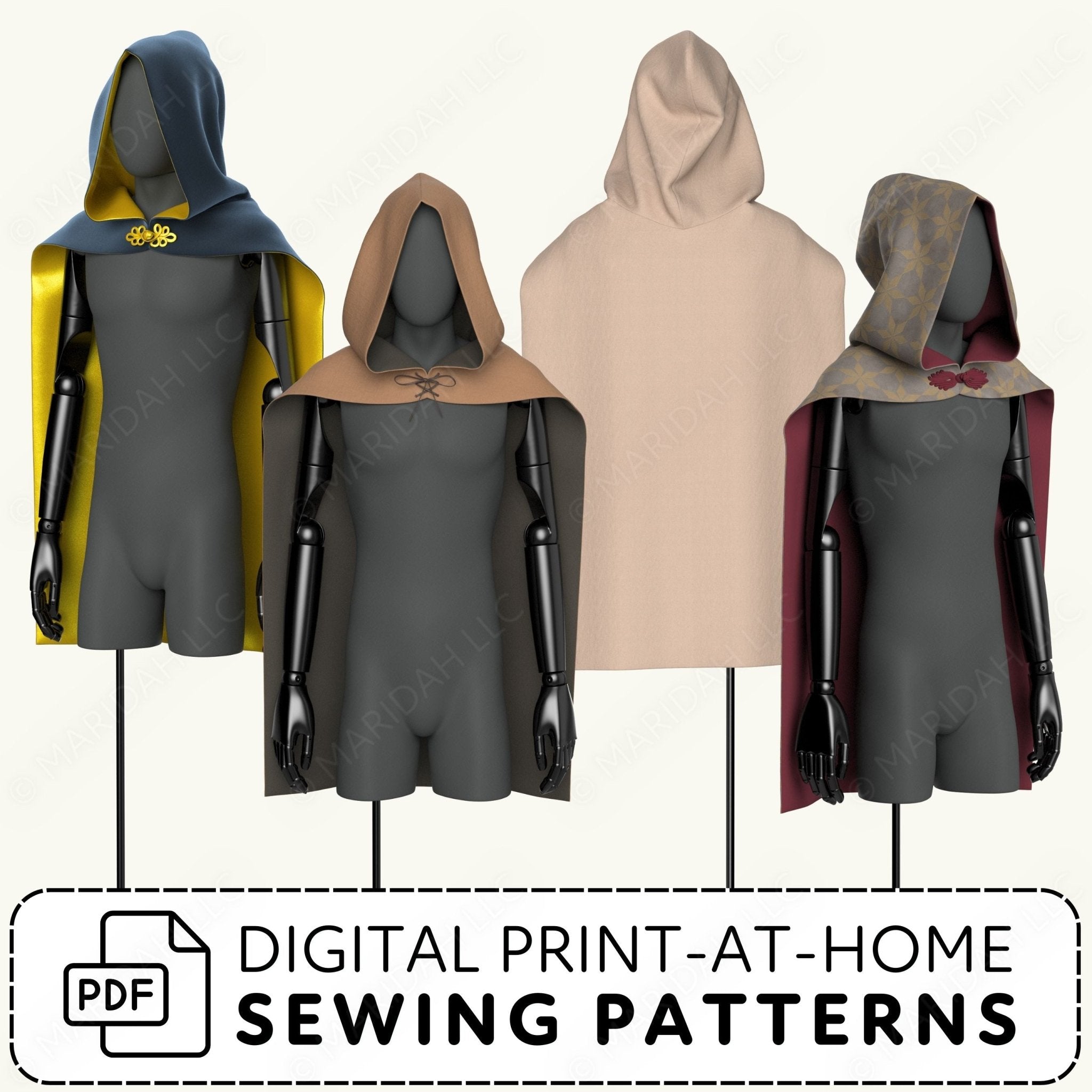 Mannequins wearing hooded cloaks in various colors with digital print-at-home sewing patterns text.