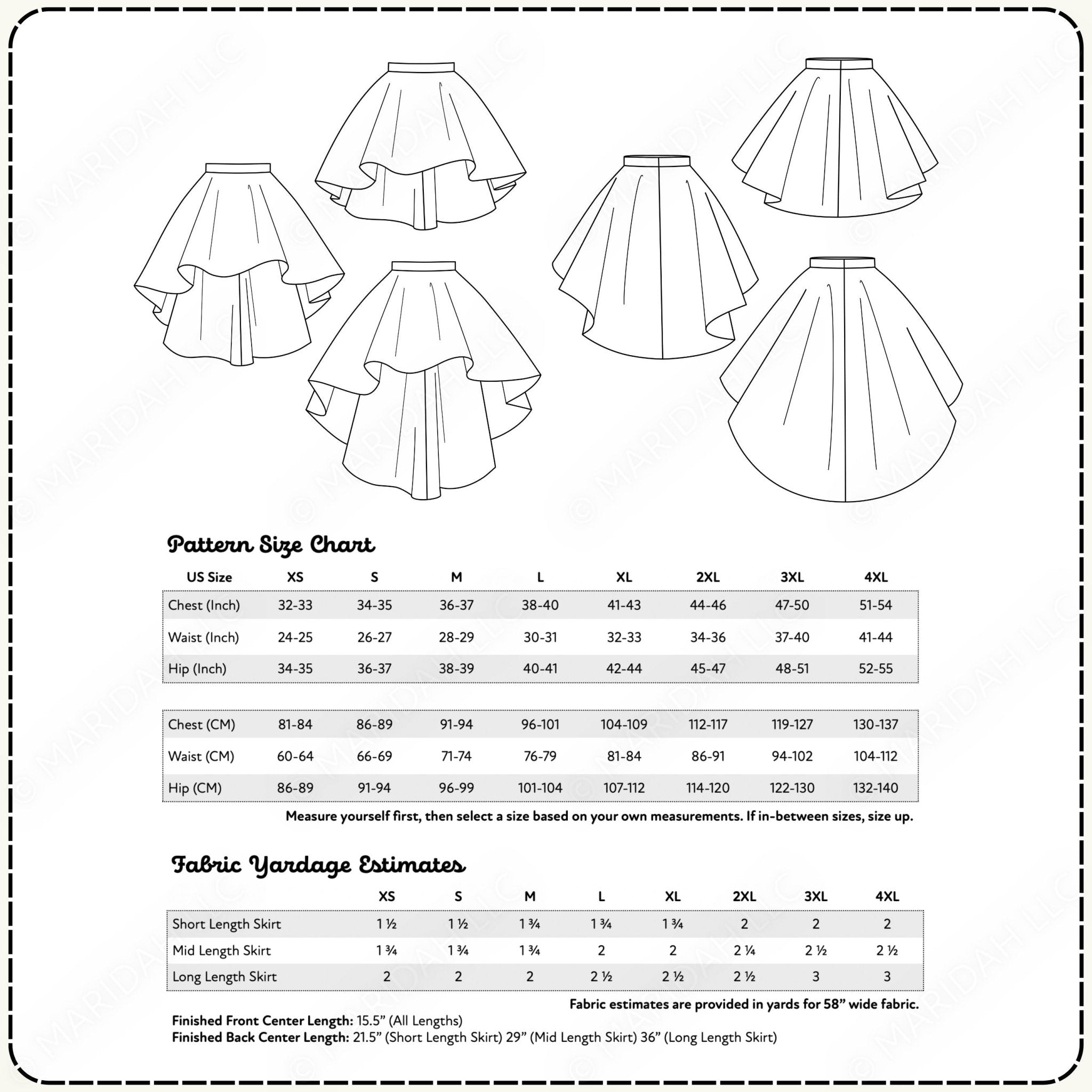 Pattern size chart for a skirt with measurements and fabric yardage estimates.