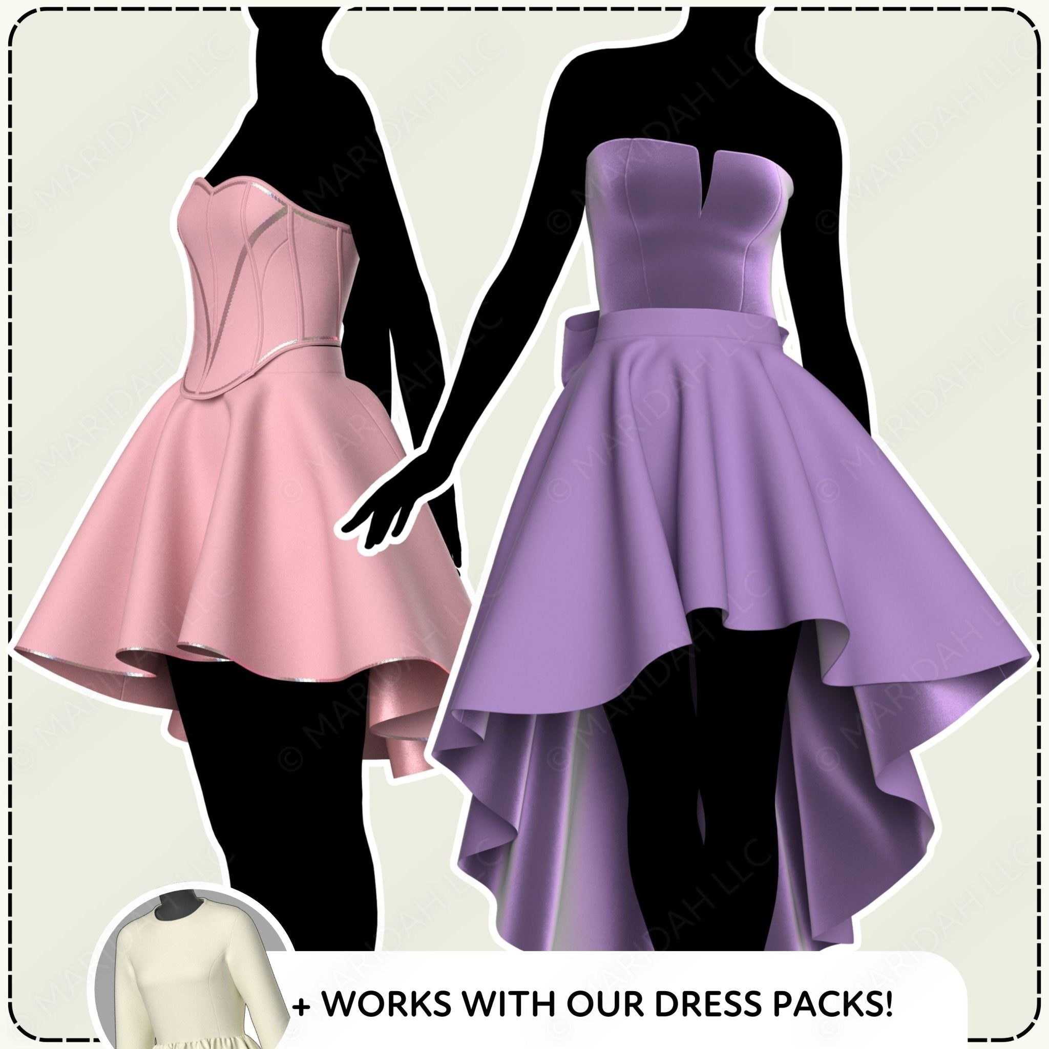 Pink and purple dresses on mannequins with text &