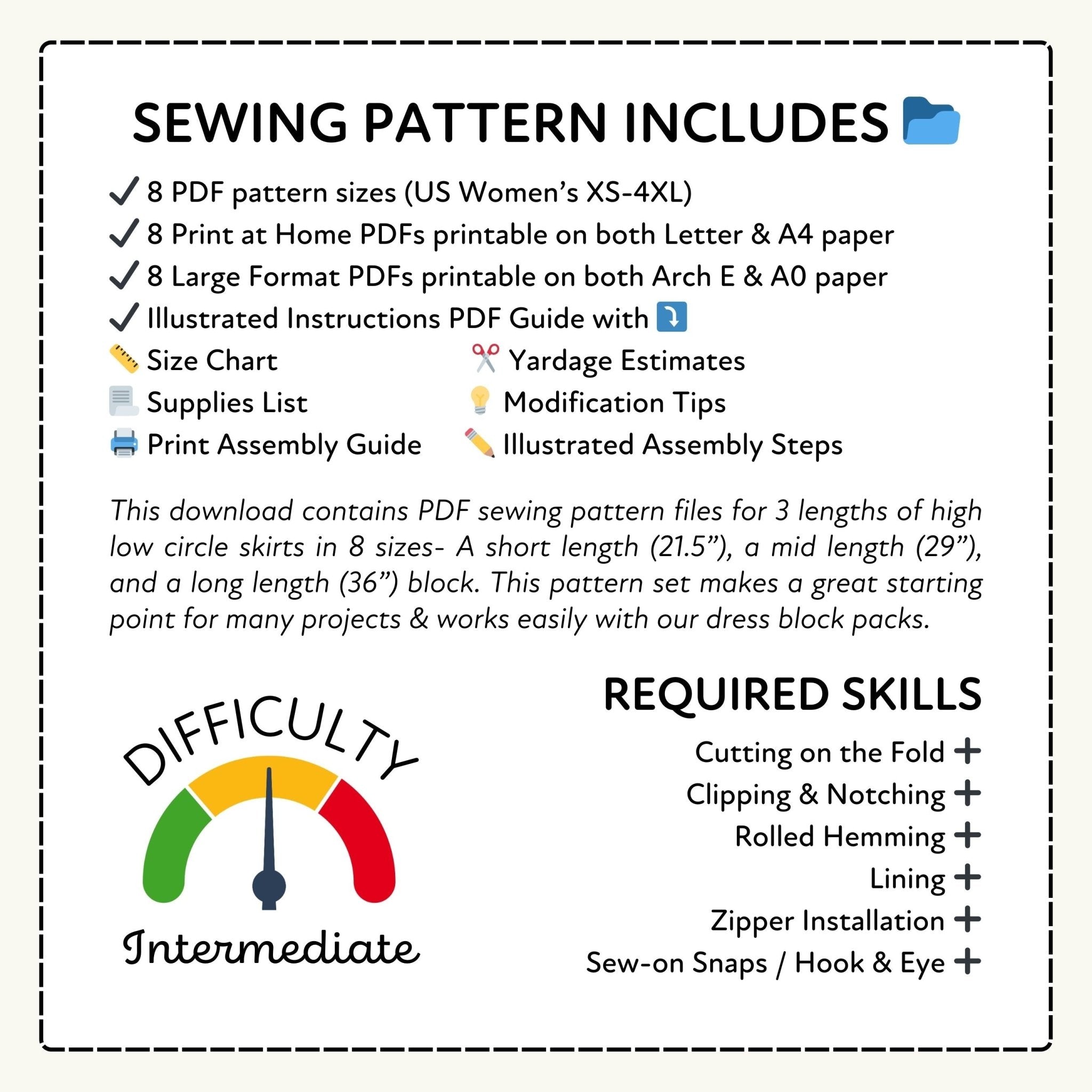 Sewing pattern information sheet with details on PDF sizes, print formats, included guides, and difficulty level.