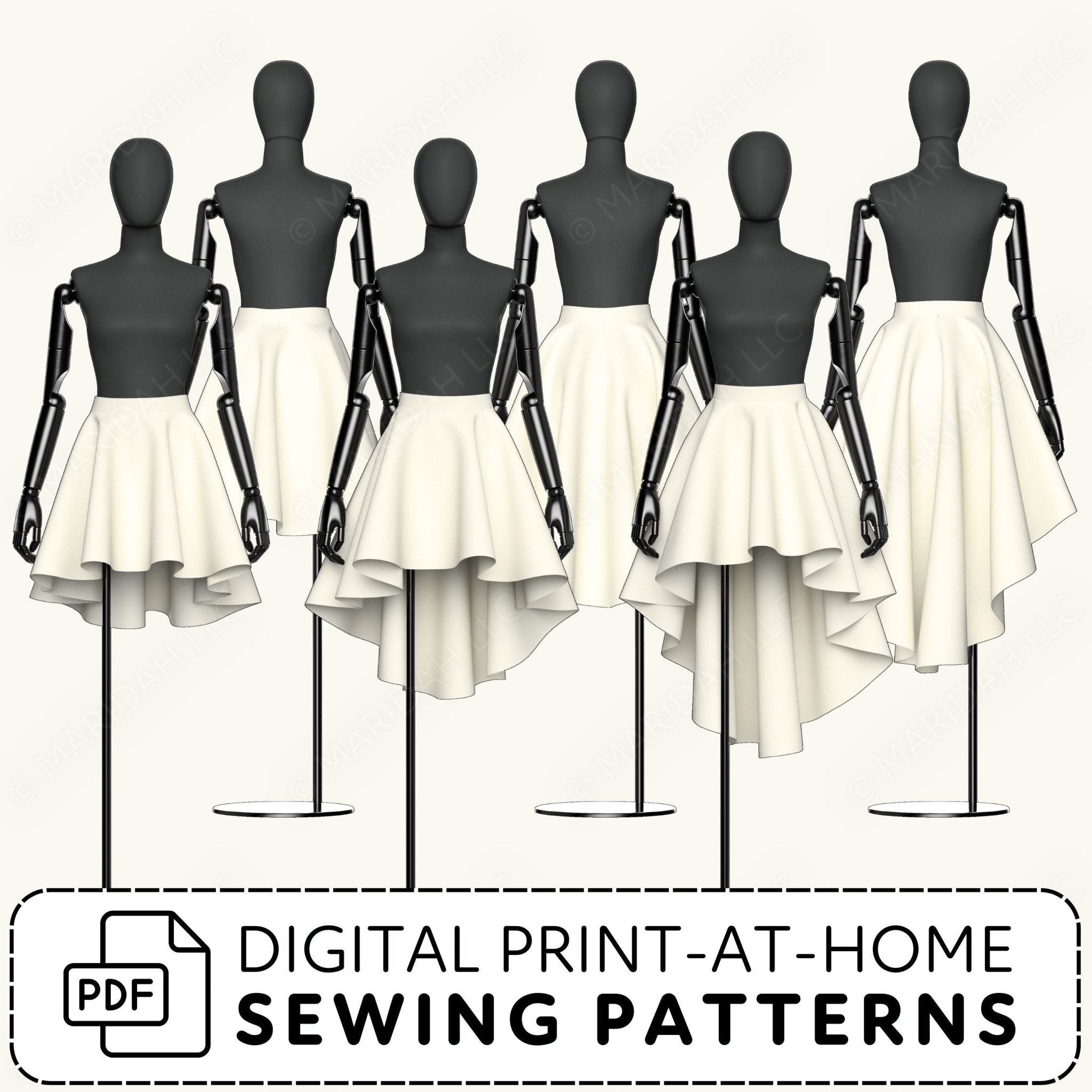 Mannequins wearing white skirts
with digital print-at-home sewing patterns text.