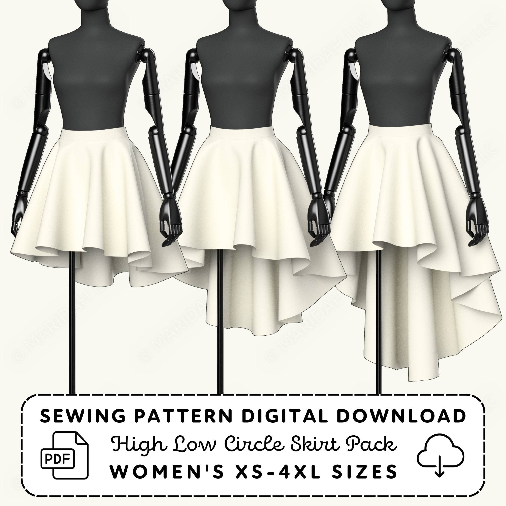 Three mannequins wearing high-low circle skirts with a sewing pattern digital download text overlay.