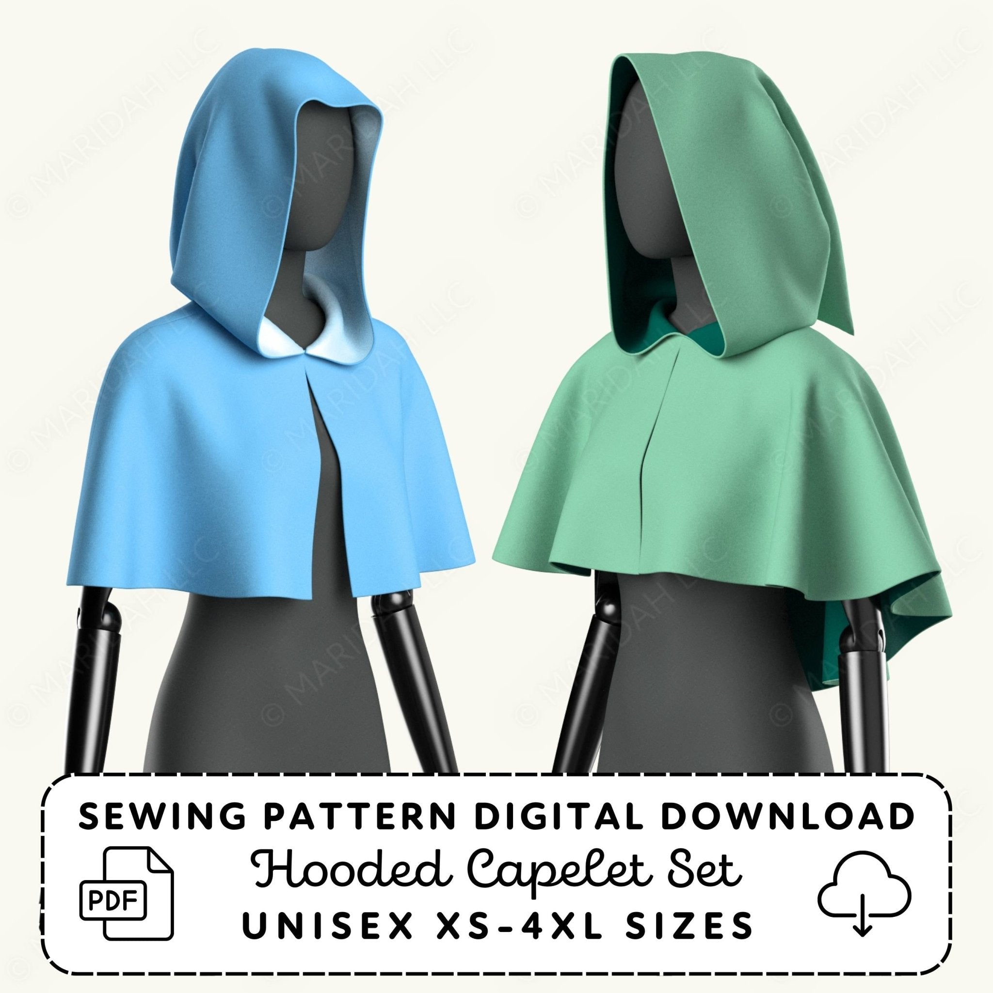 Two hooded capes in blue and green on mannequins with sewing pattern digital download text.