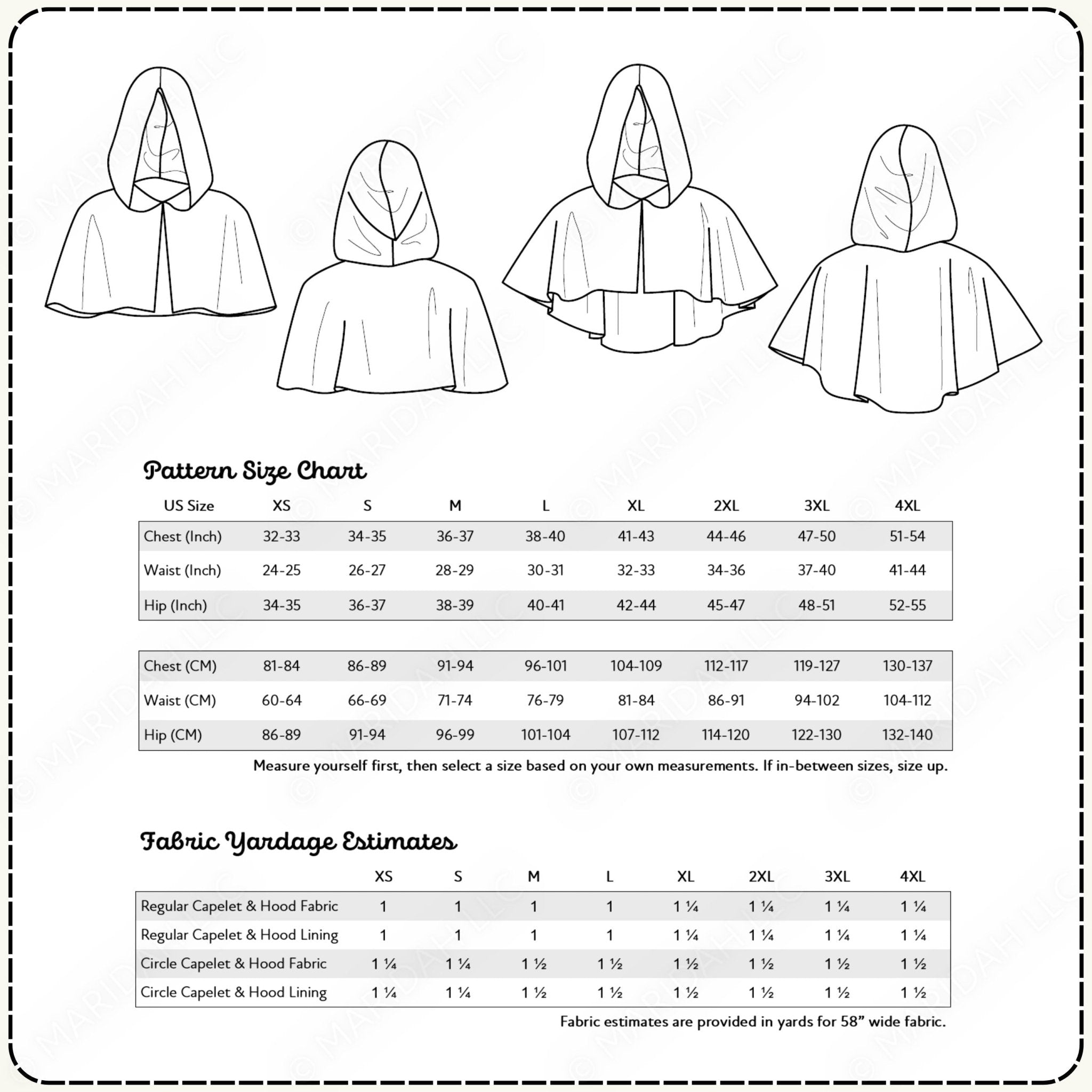 Pattern size chart for a hooded garment with fabric yardage estimates.