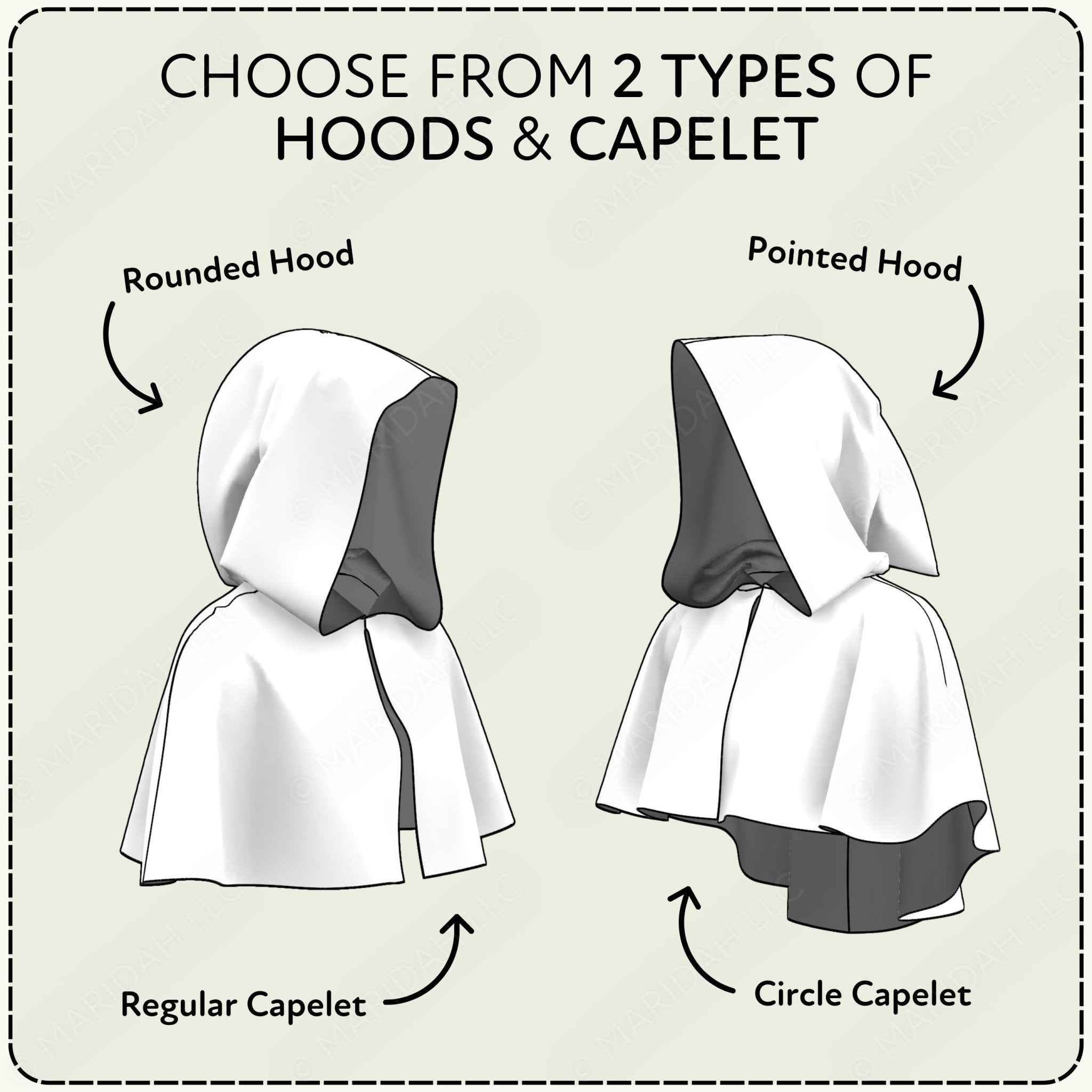 Diagram showing two types of hoods and capelets with labeled options.