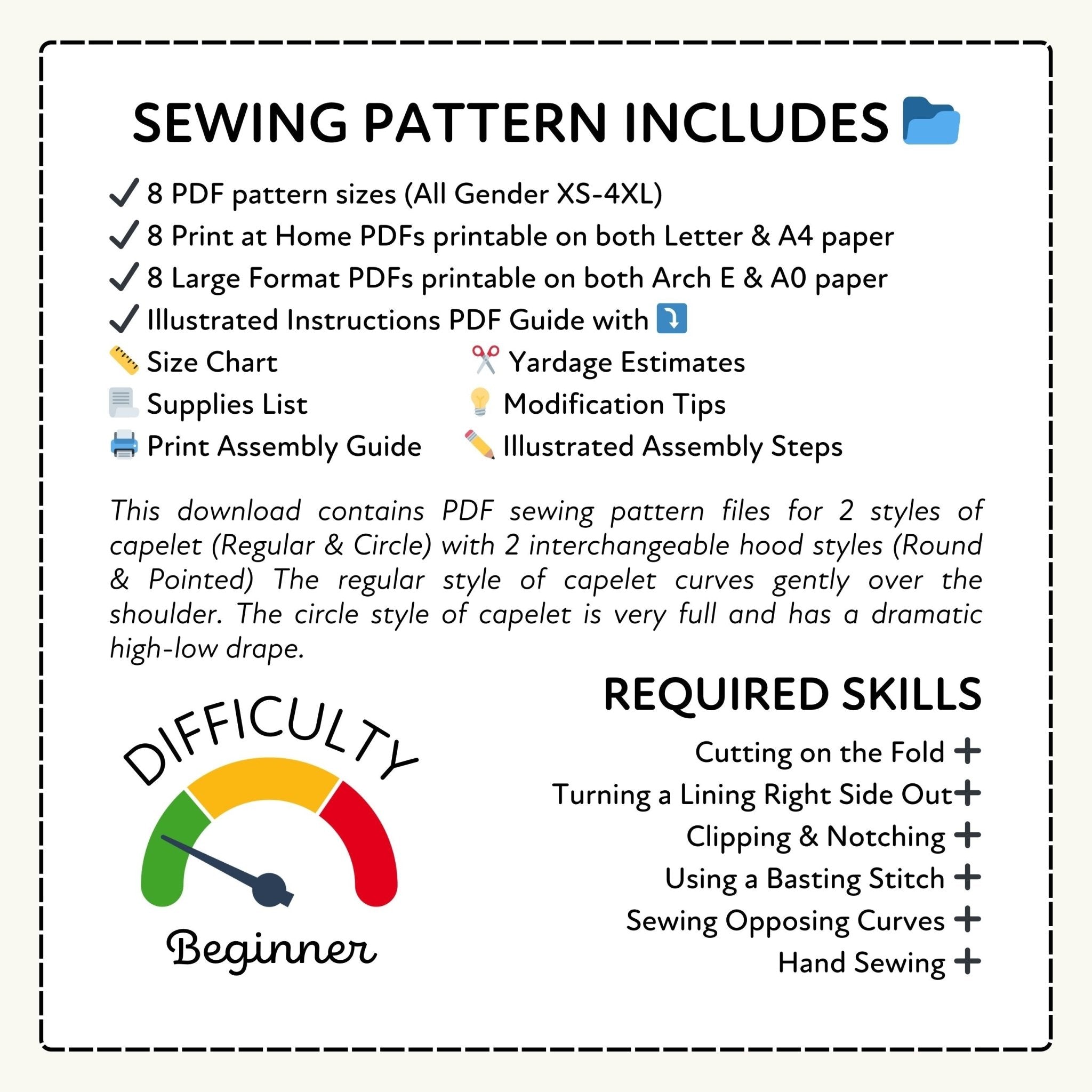 Sewing pattern information with difficulty rating and required skills listed.