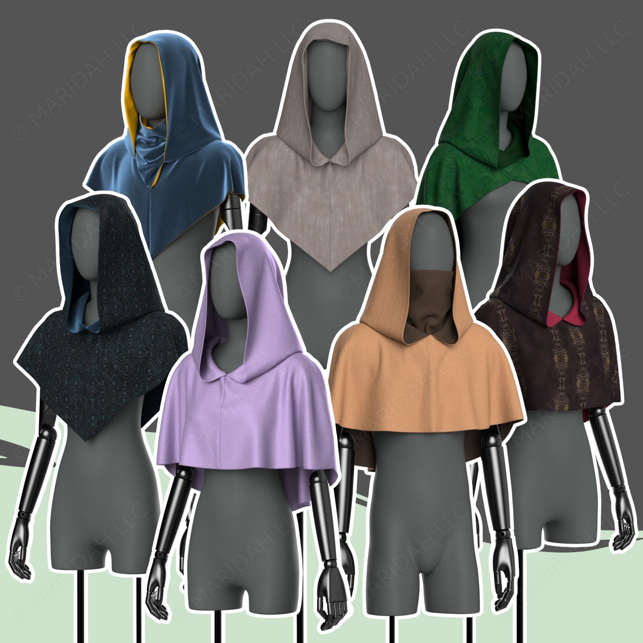 A group of six mannequins wearing different hooded garments in various colors and patterns, arranged in a row.