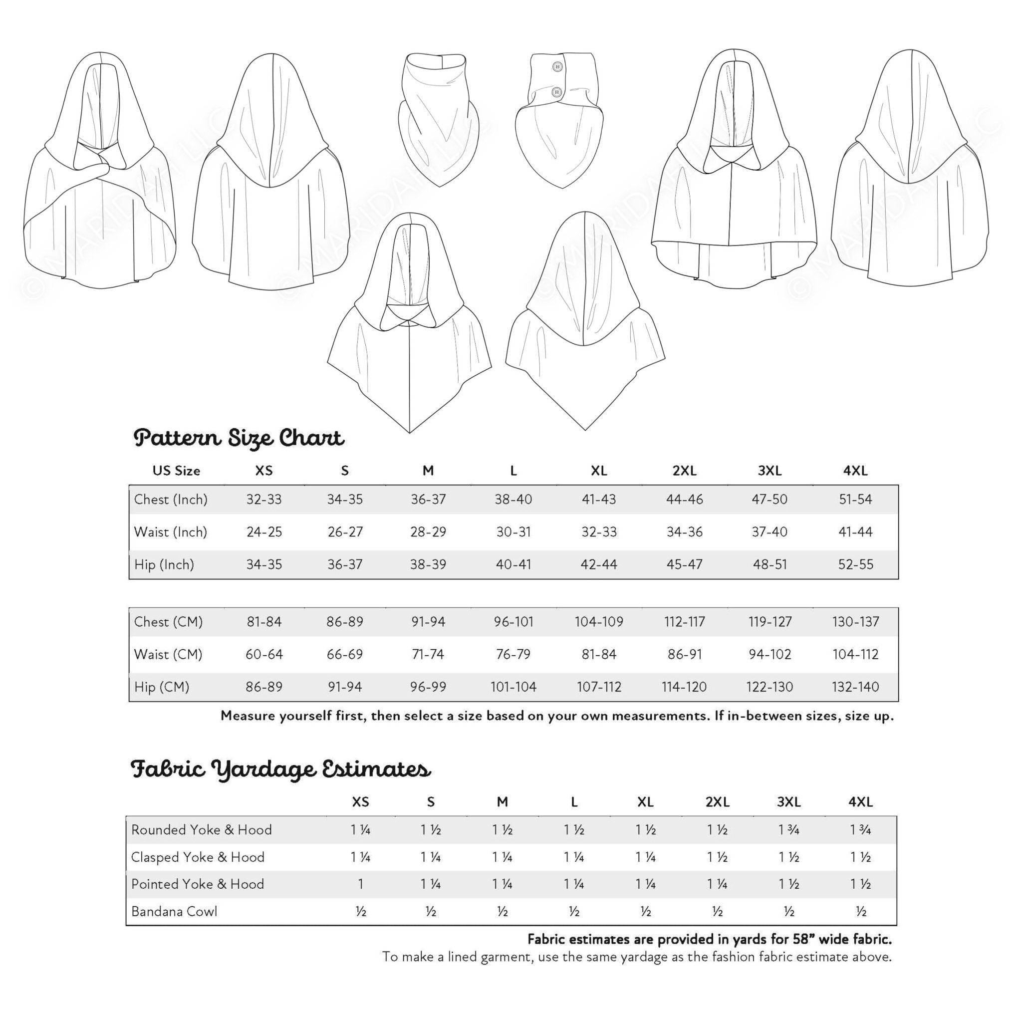 a collection of fashion-related images, including patterns, size charts, and fabric yardage estimates. The images provide detailed measurements and descriptions for various clothing items, such as hoods, dresses, and tops. The images are organized into different sections, including US size charts, fabric yardage charts, and fabric yardage estimates. The images are meant to provide a visual guide for selecting the appropriate size and style of clothing based on individual measurements.