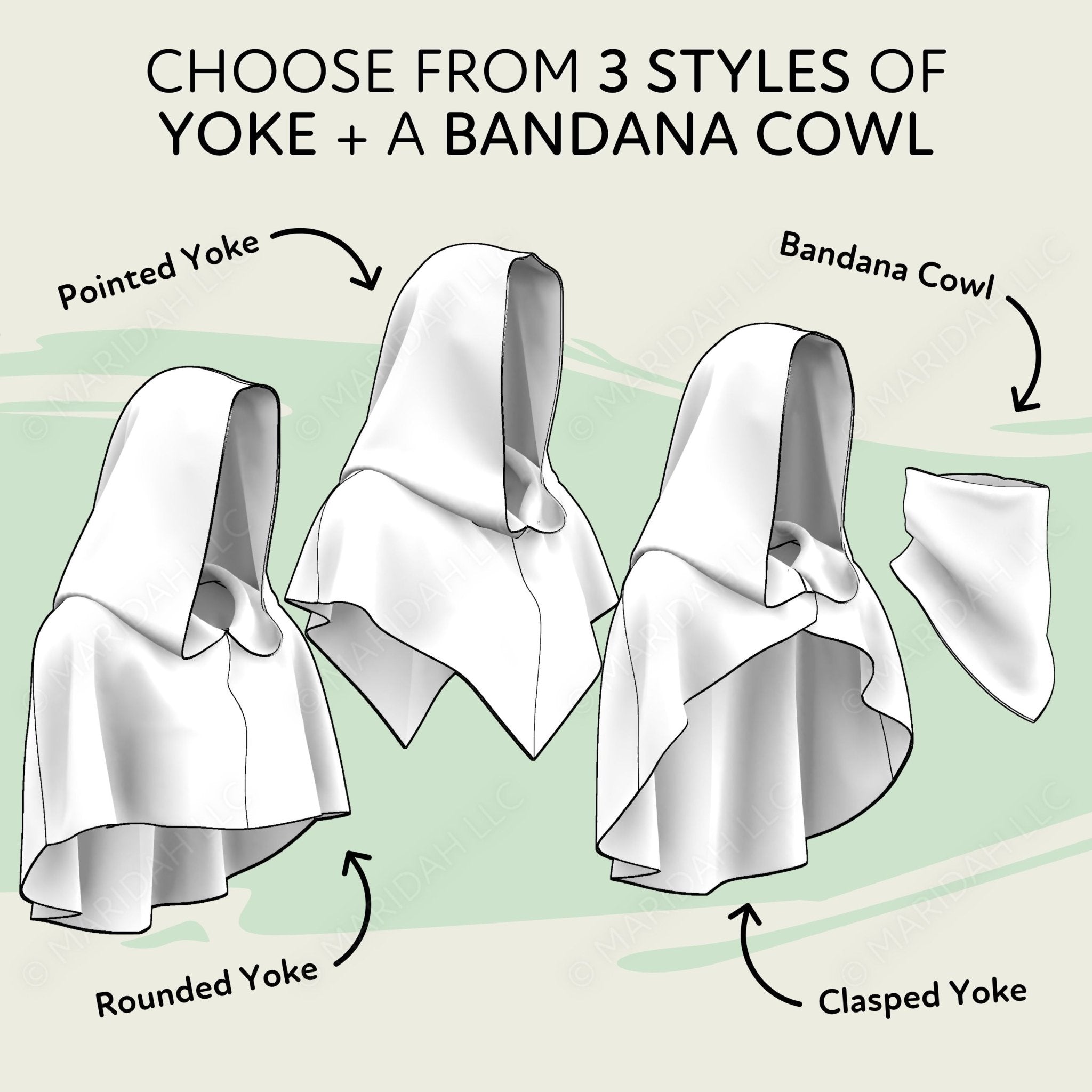 three different styles of Yoke and Bandana Cowl, each with distinct characteristics and designs.