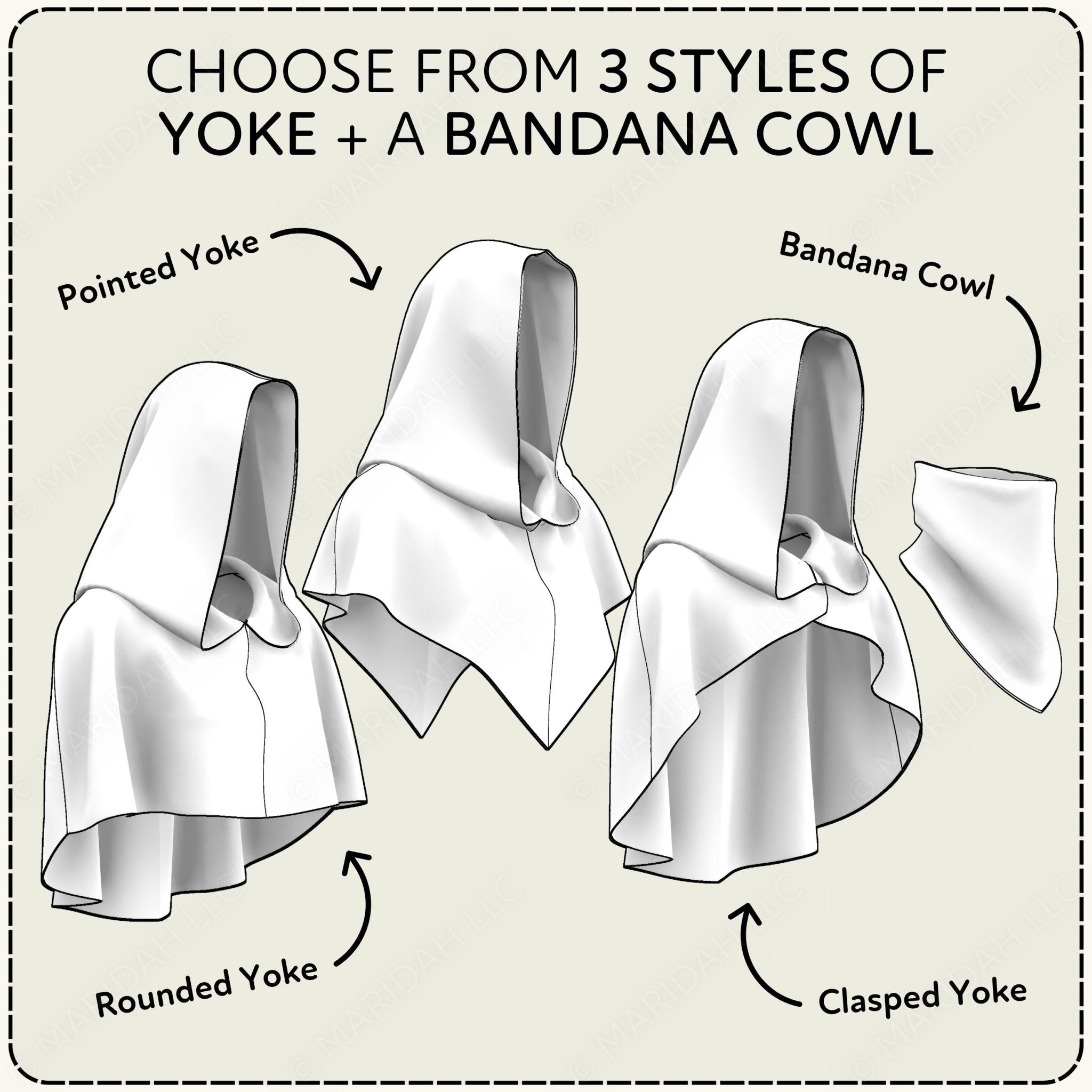 Diagram showing three styles of yoke and a bandana cowl on a beige background.