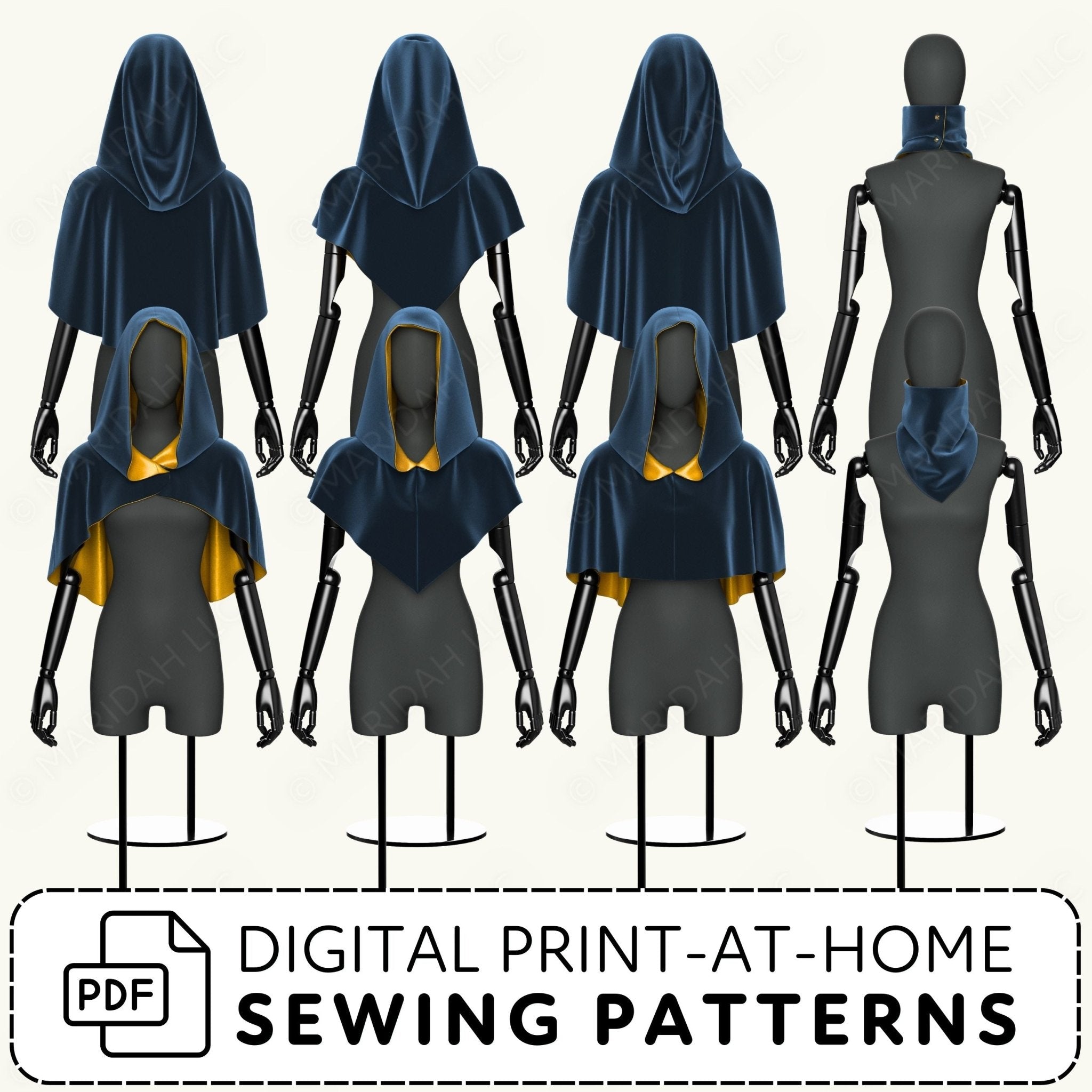 Mannequins wearing blue hooded cloaks with digital print-at-home sewing pattern text.