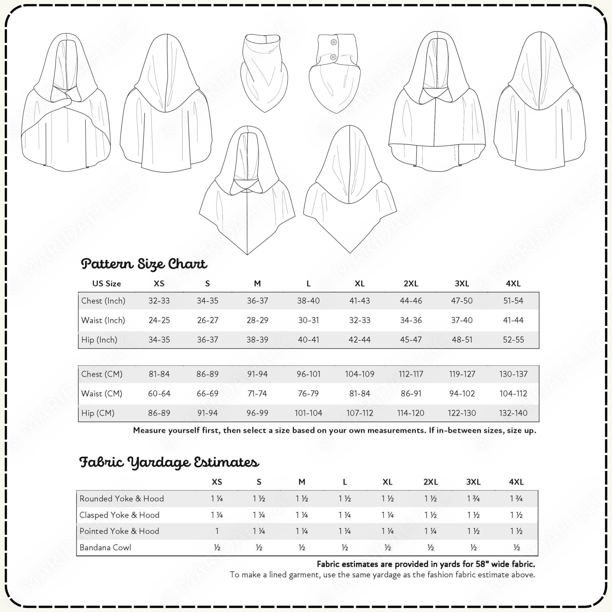 a pattern size chart and fabric yardage estimates for various clothing items, including hoods, coats, and cowls.