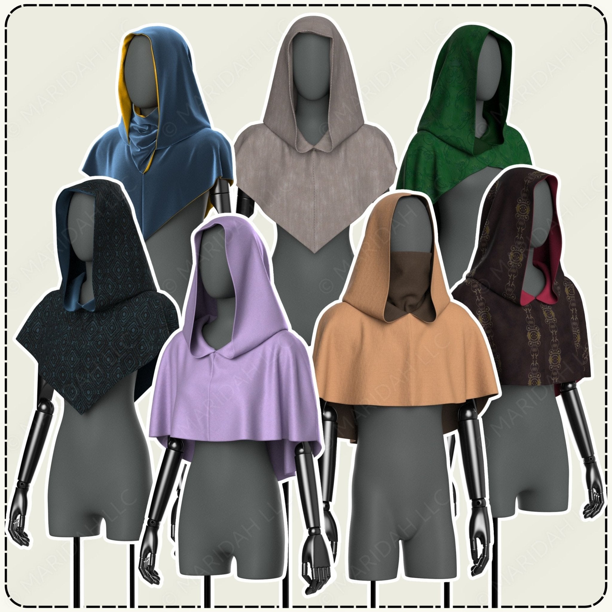 Mannequins wearing hooded cloaks in various colors on a neutral background