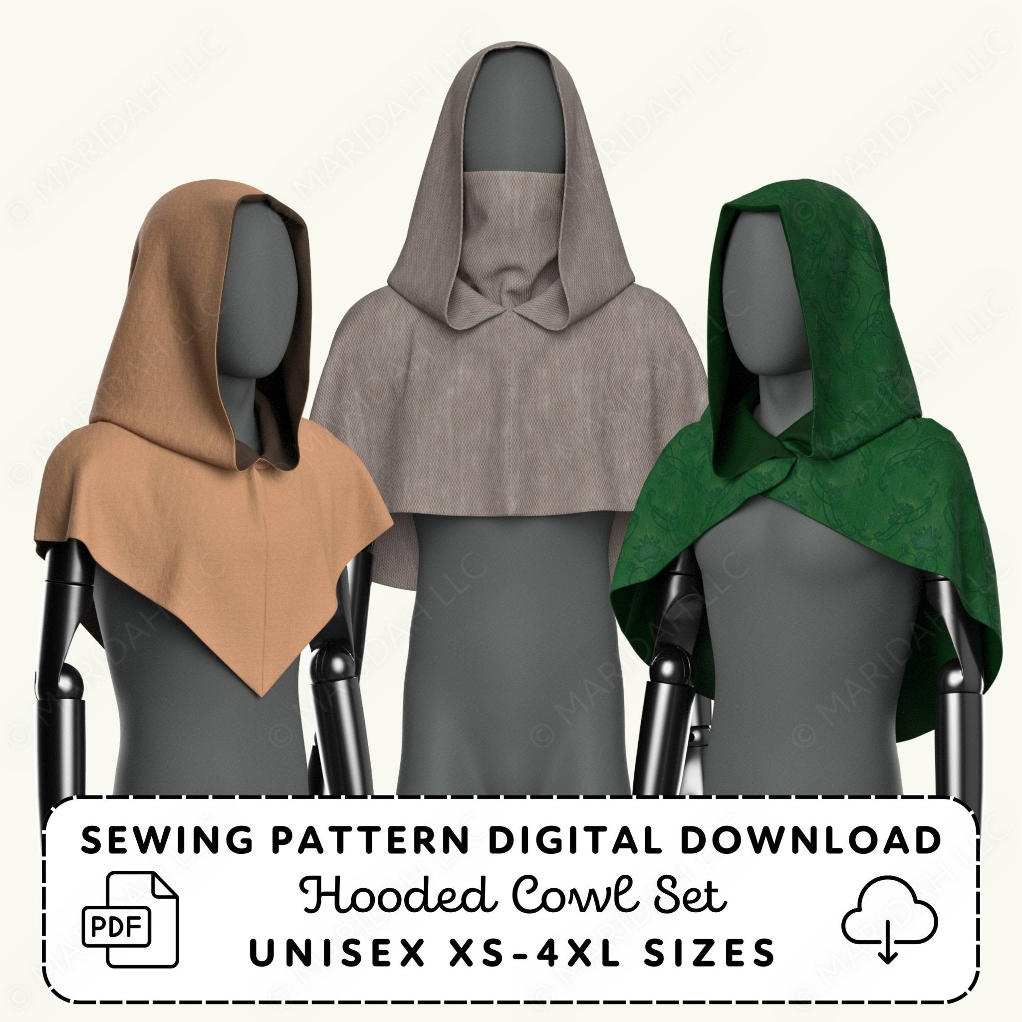 Three hooded cloaks in brown, gray, and green on mannequins with sewing pattern digital download text.