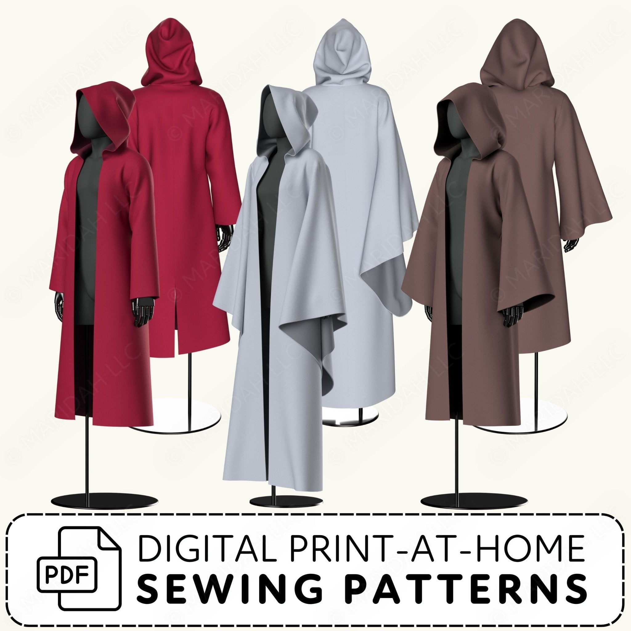 Three hooded cloaks in red, gray, and brown on mannequins with digital print-at-home sewing patterns text.