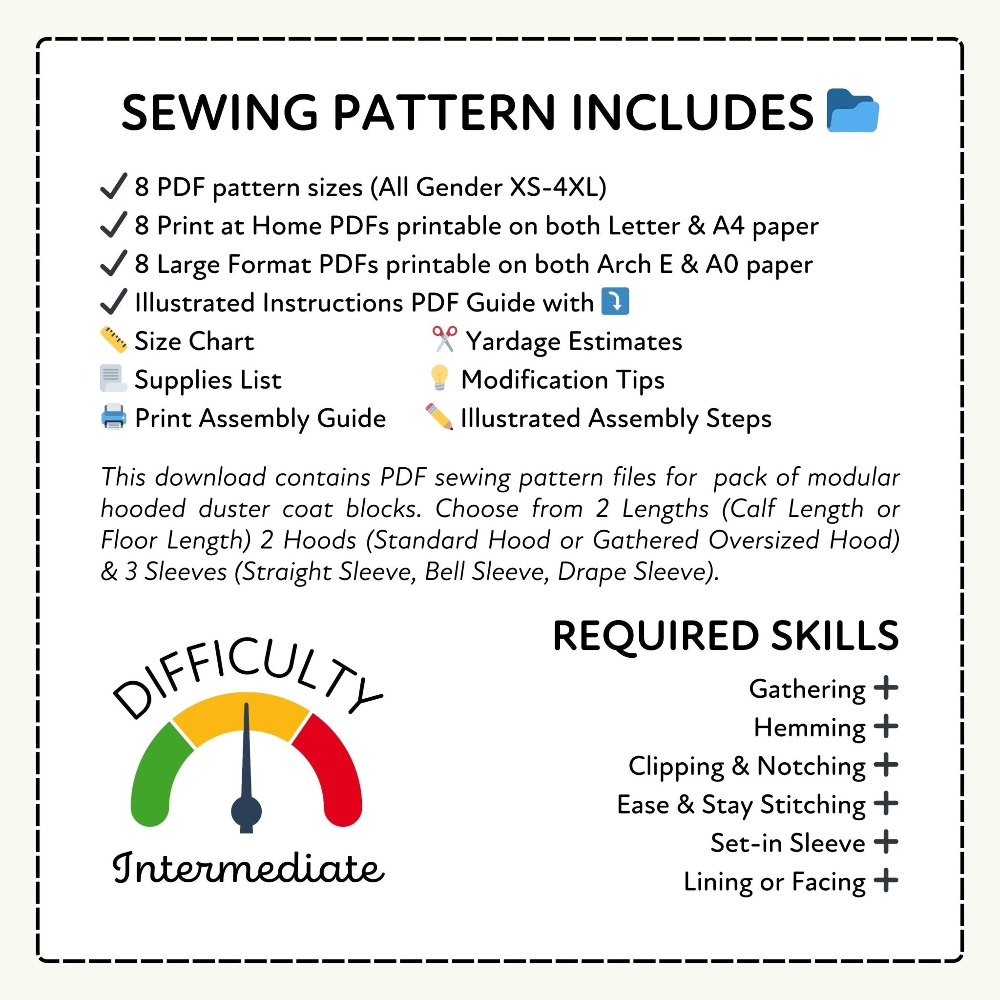 Sewing pattern information with difficulty rating and required skills listed.