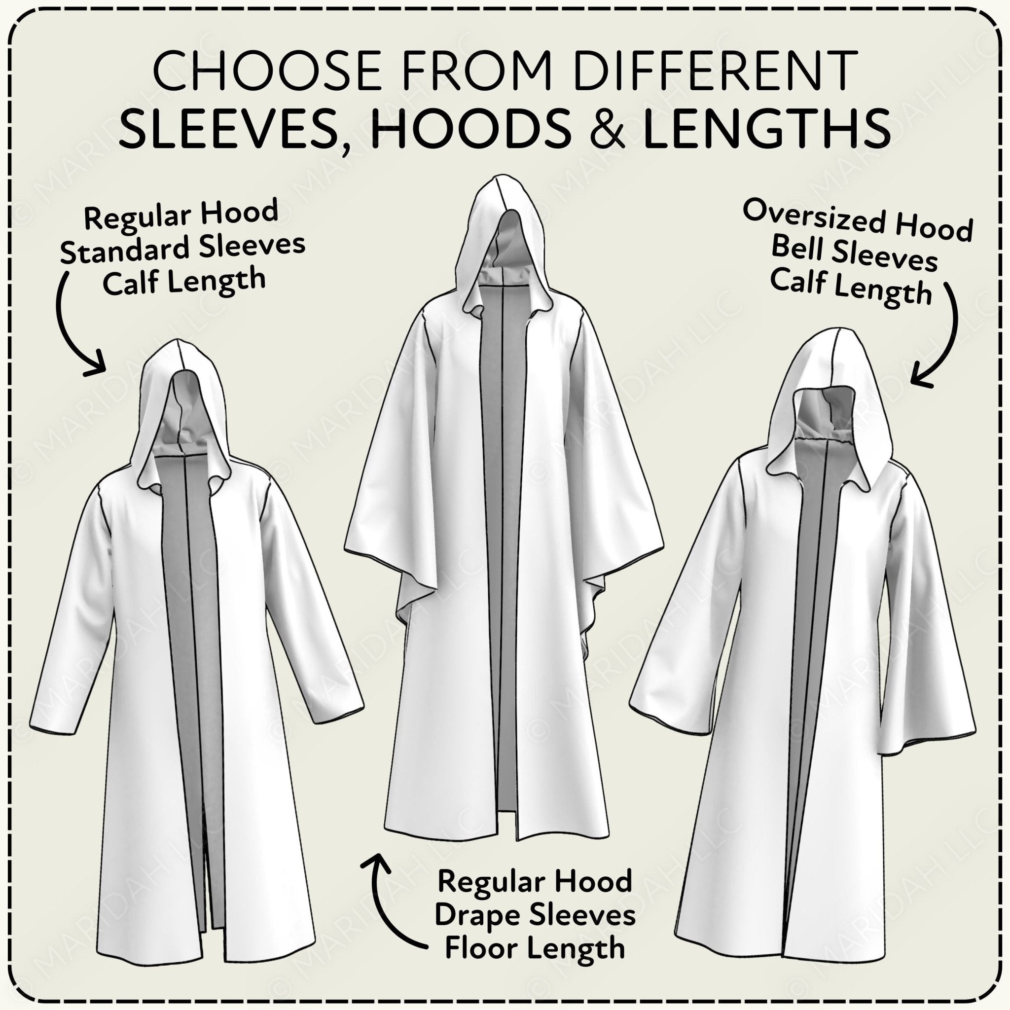 three different hooded robes with varying sleeve and leg lengths, along with arrows indicating the sleeve and leg length differences.