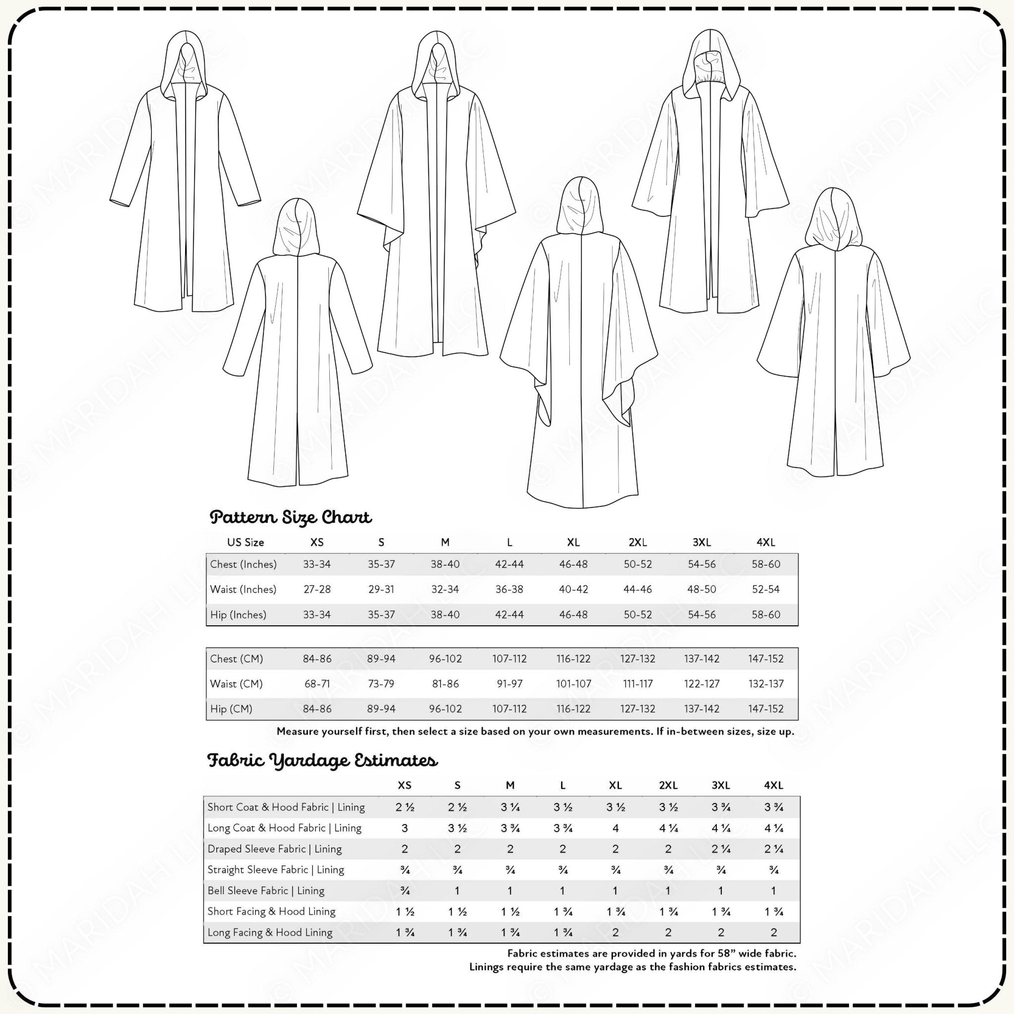 a pattern size chart and fabric yardage estimates for a robe, along with measurements for various sizes.