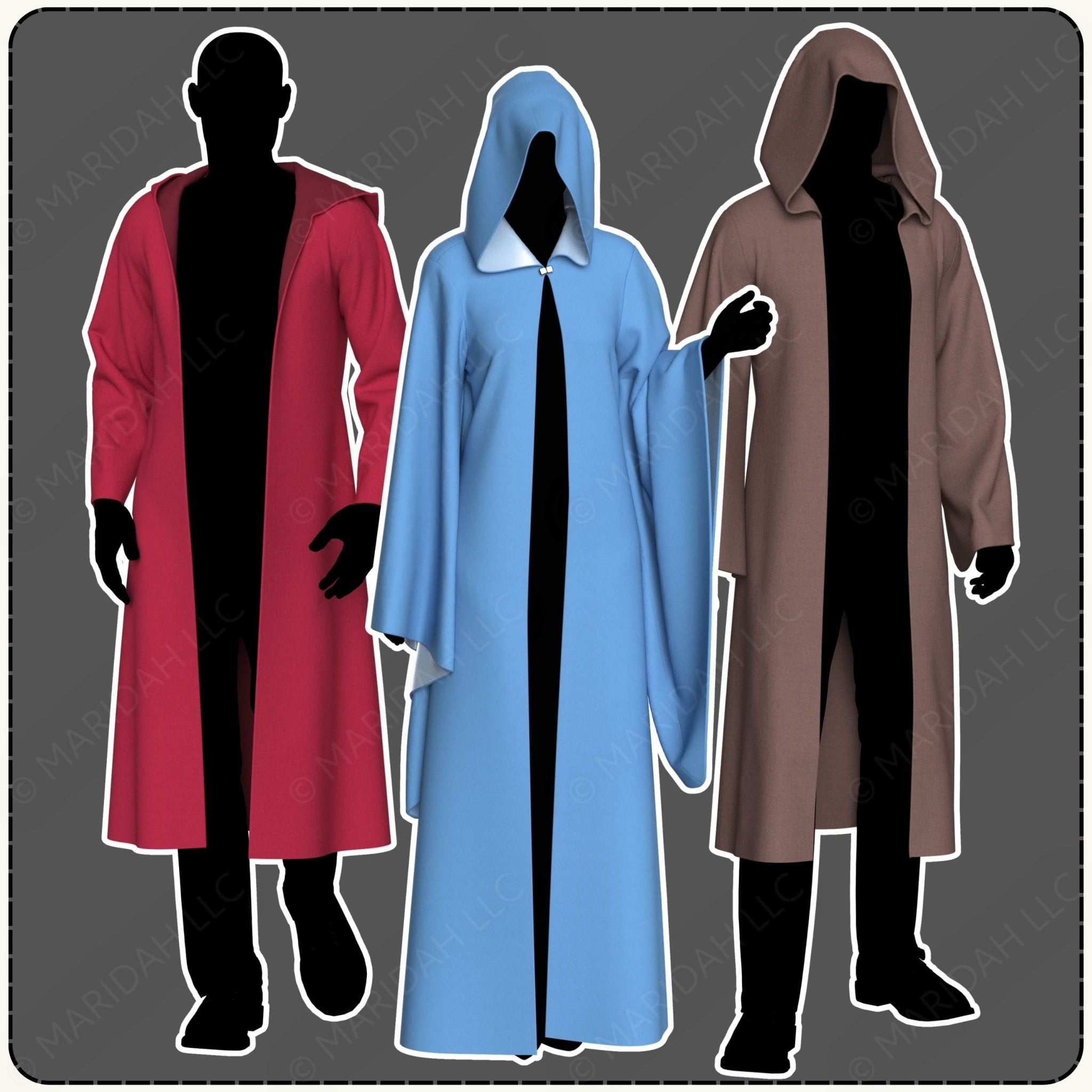 Three hooded cloaks in red, blue, and brown on a dark background.