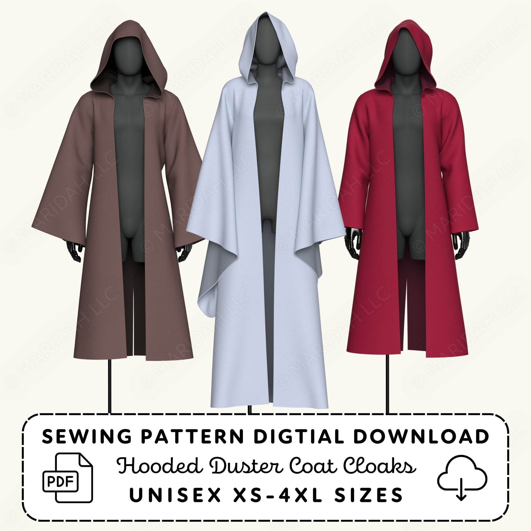 three hooded duster coat robes in different colors - brown, white, and red.