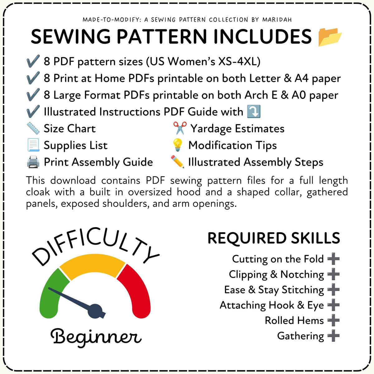 An informational graphic for a sewing pattern collection by Maridah, outlining what is included in a sewing pattern package: 8 PDF pattern sizes, printable paper formats, an illustrated instructions PDF guide, a size chart, supplies list, modification tips, and assembly steps. It also shows a difficulty gauge labeled Beginner and a list of required skills.