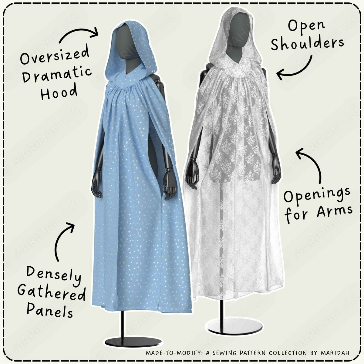 Sewing pattern style graphic showing two hooded poncho/cloak garments on mannequins against a light background, with callout arrows and text describing features: oversized dramatic hood, open shoulders, openings for arms, and densely gathered panels.
