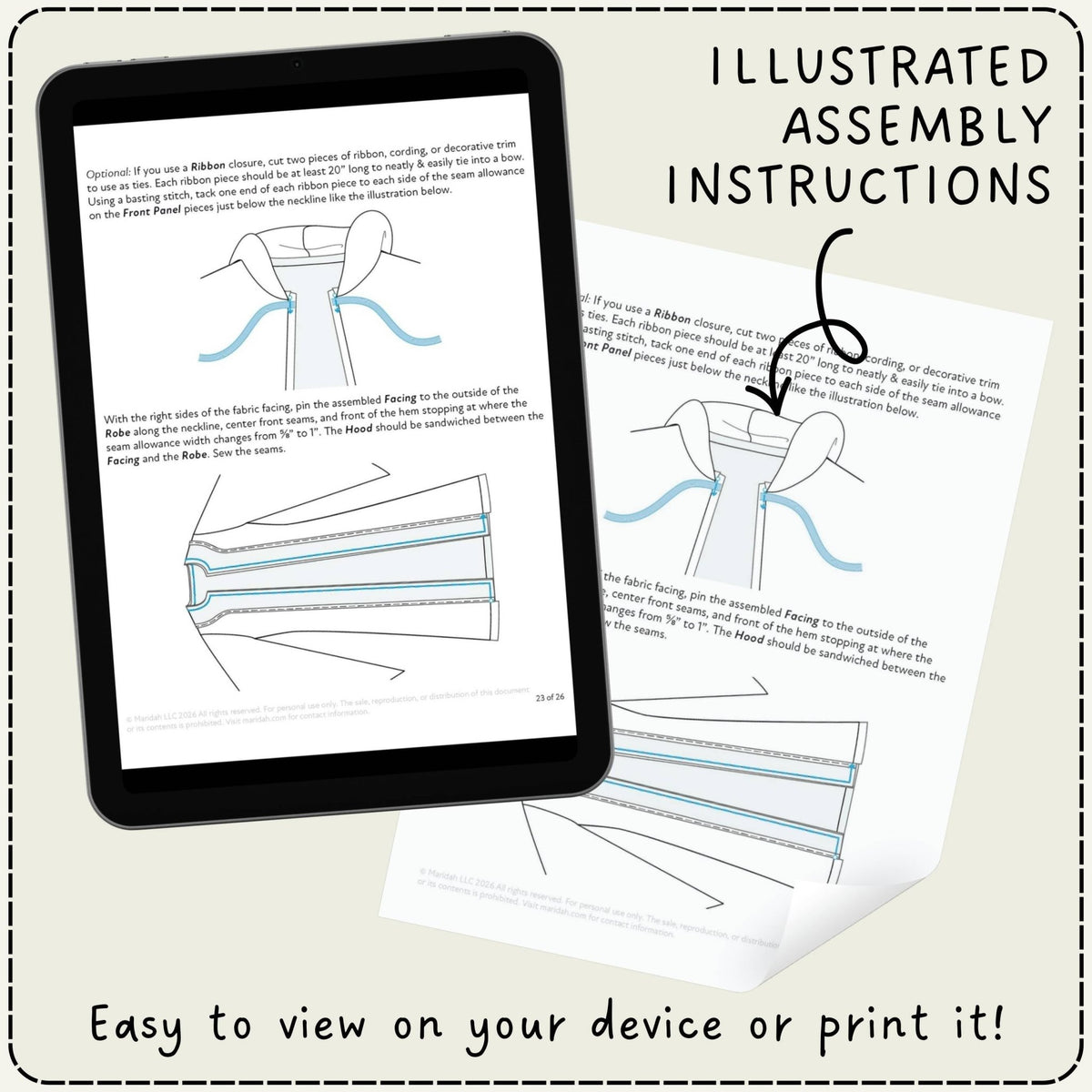 An illustrated assembly instructions sheet shown on a tablet screen and a printed copy, with the text &