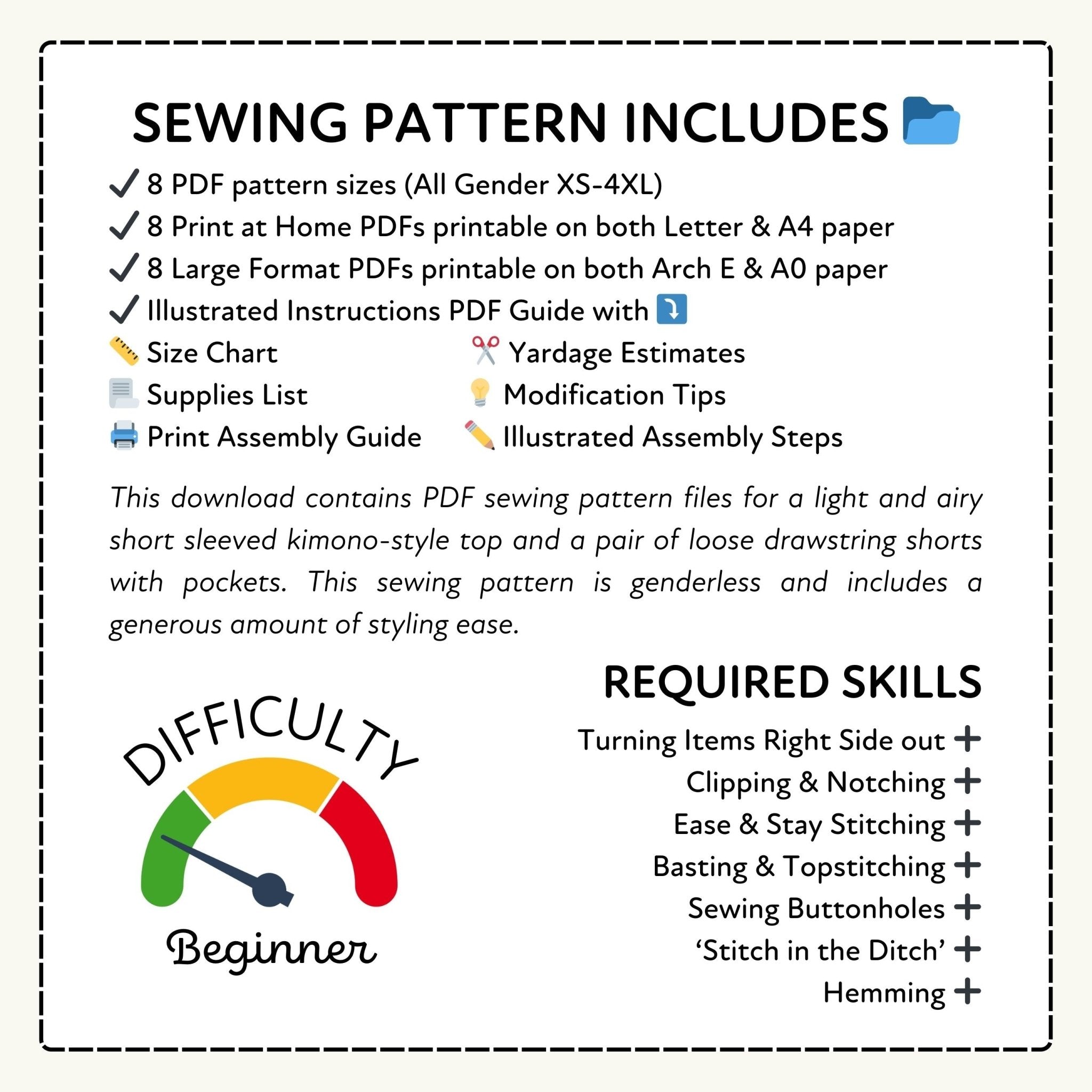 Sewing pattern information with difficulty rating and required skills listed.