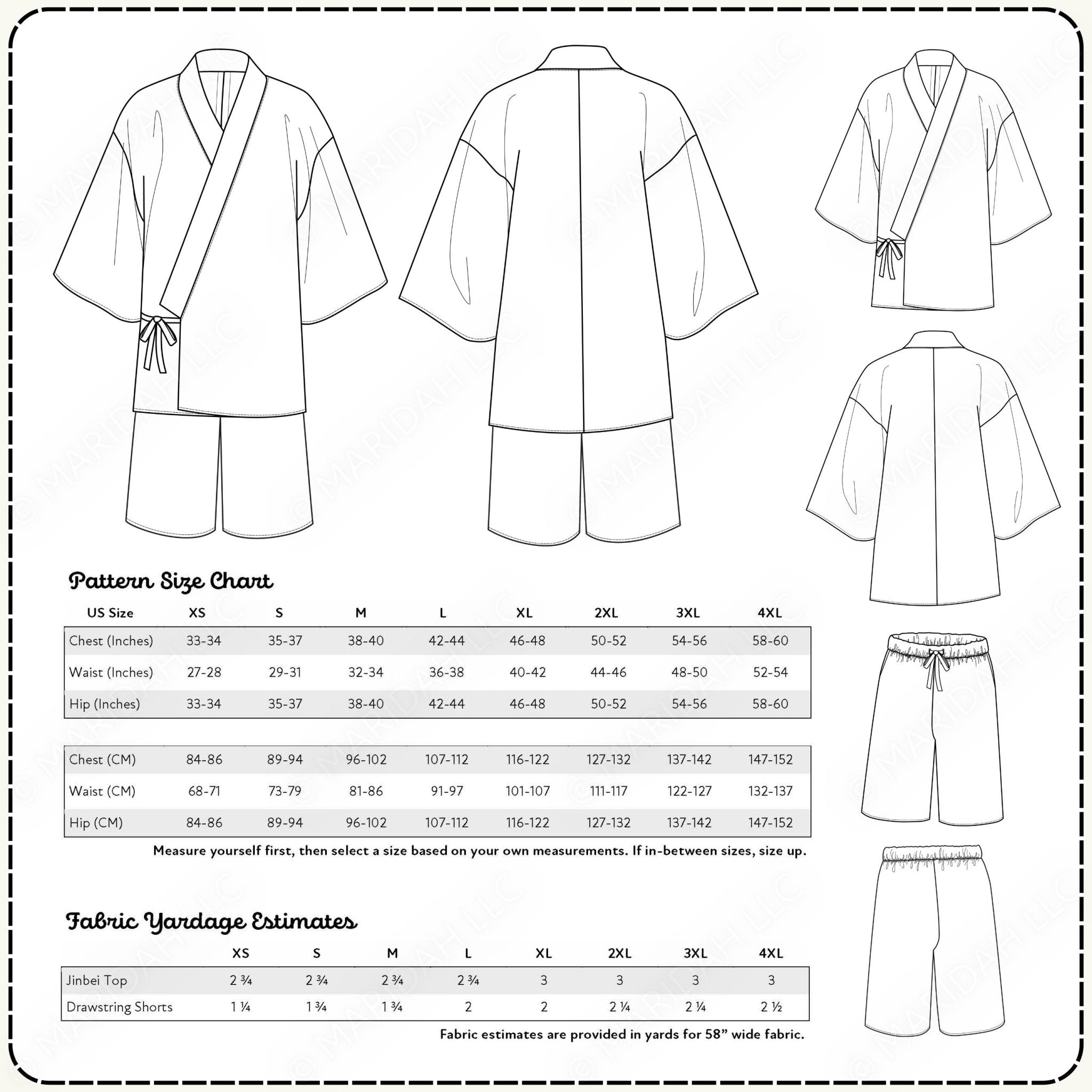 a pattern size chart and fabric yardage estimate for a kimono, a traditional Japanese garment. The chart provides measurements for various sizes, including chest, waist, hip, and drawstring shorts. The fabric yardage estimate is provided in yards for a 5&