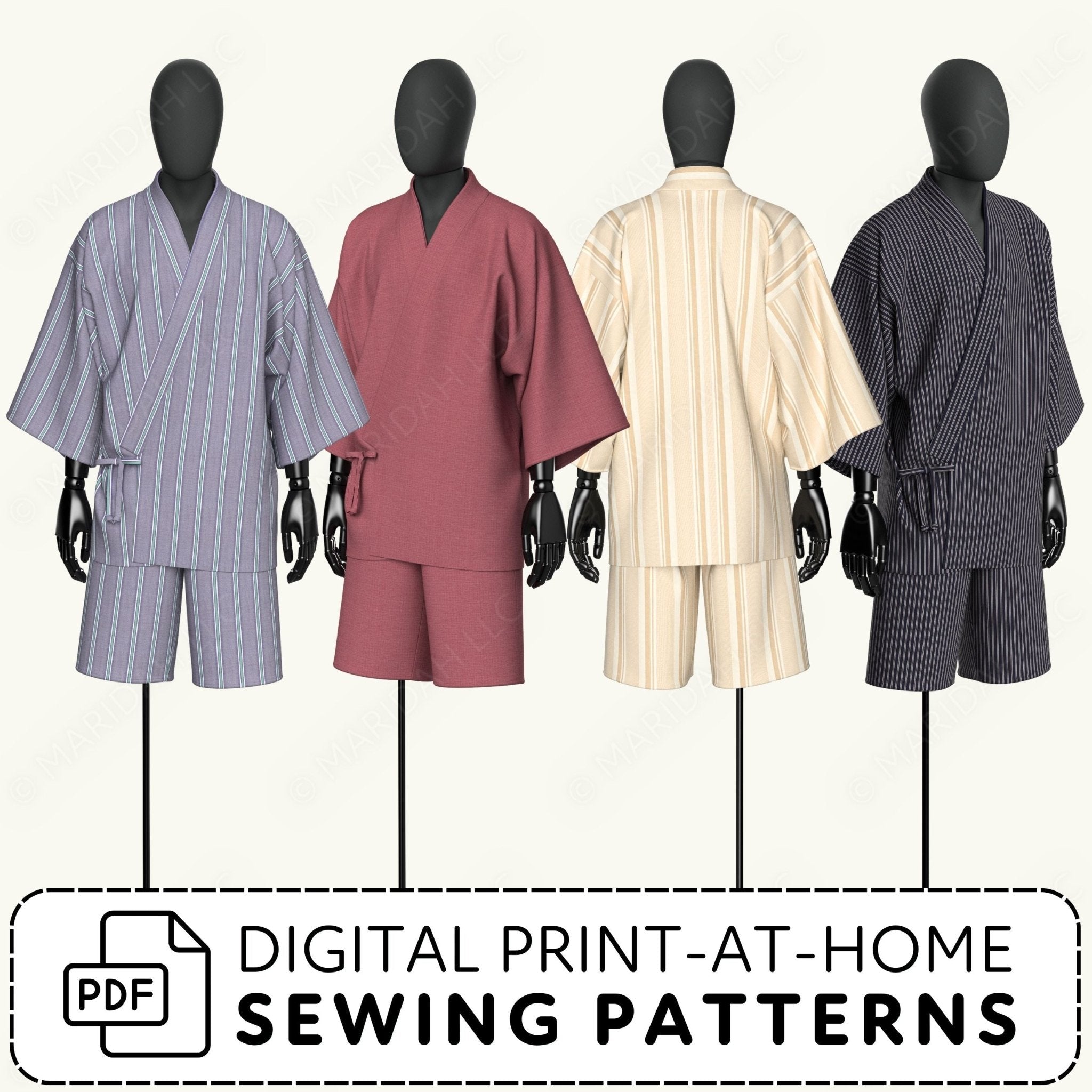 Four mannequins wearing pajama sets in different colors with digital print-at-home sewing patterns text.