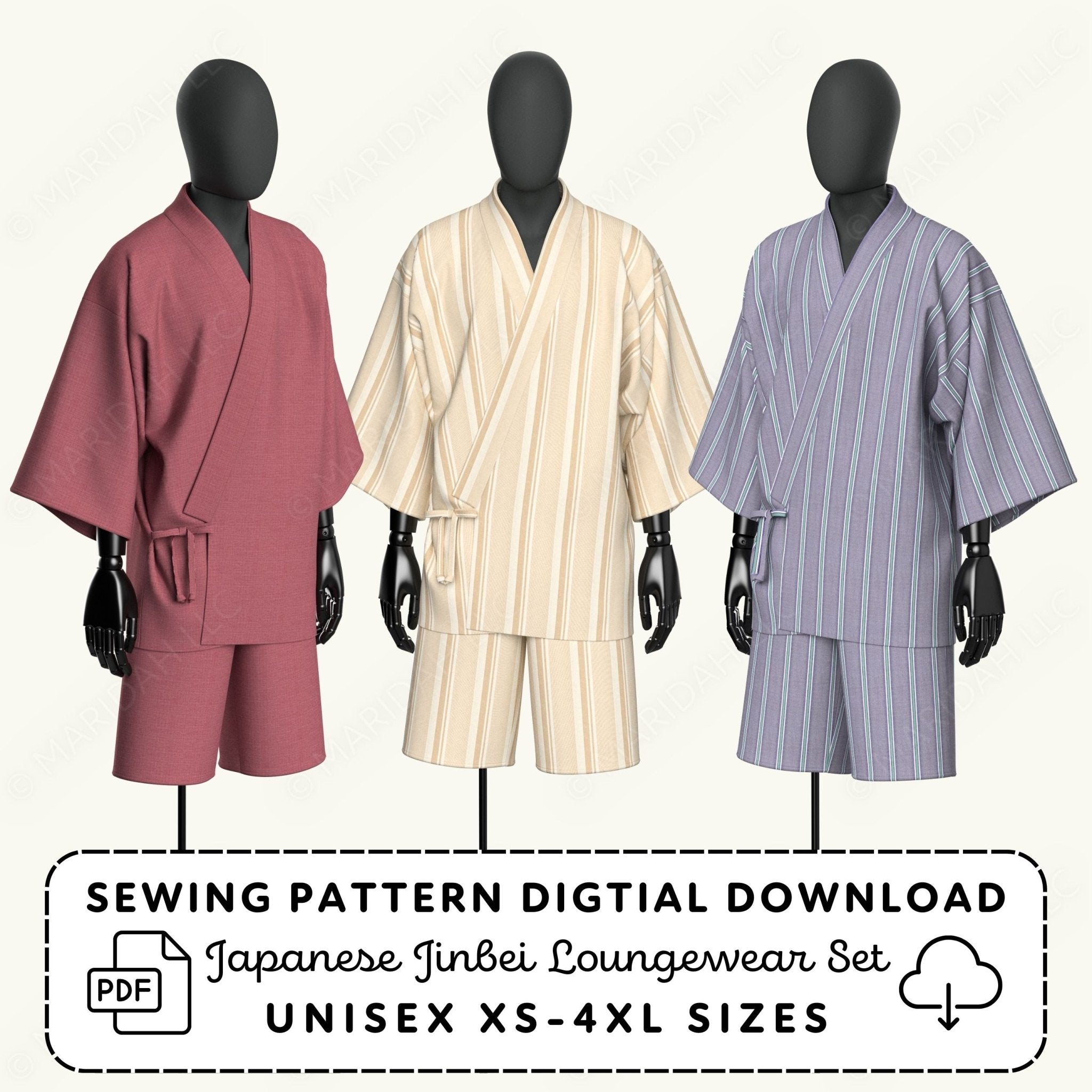 three mannequins wearing traditional Japanese robes, with a sewing pattern digital download labeled as a Japanese Jinbei loungewear set in unisex sizes.