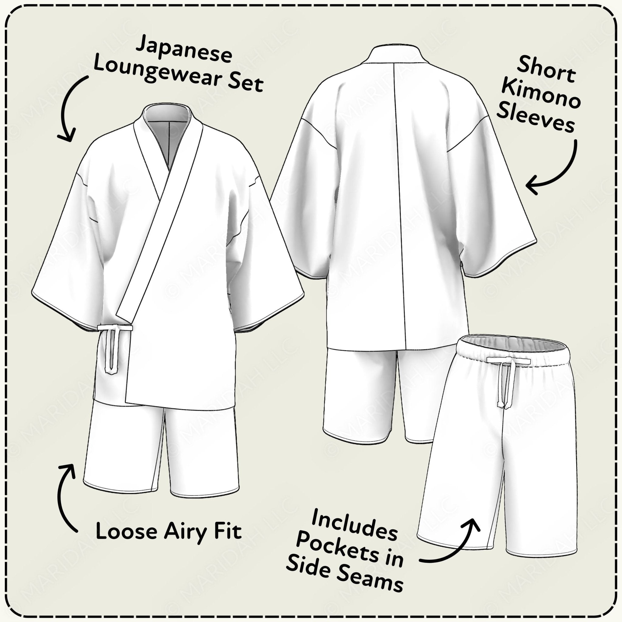 a Japanese loungewear set, including a kimono and shorts. The kimono has a loose airy fit, while the shorts have short sleeves. The image also includes a side seam, which is a feature of this loungewear set.